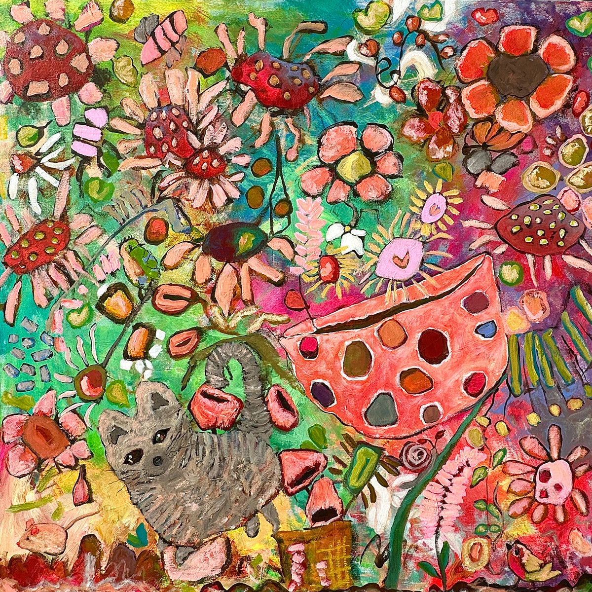 Kerry Munns Artlife Jardin de Joie abstract acrylic painting featuring vibrant florals, hearts, and a grey cat.