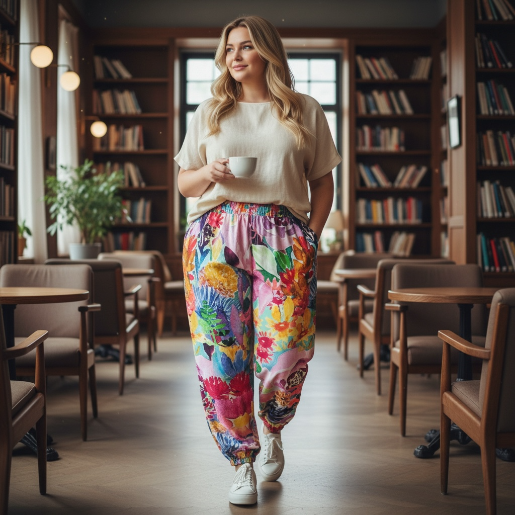 Luxury women’s Sporty Luxe pants in pure silk, designed by Kerry Munns, blending comfort, movement and artistic fashion design on plus size model