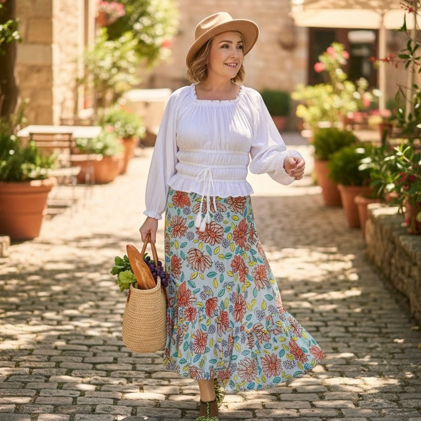 Daisy wearable art wrap skirt featuring original painting by Kerry Munns on sustainable fabric