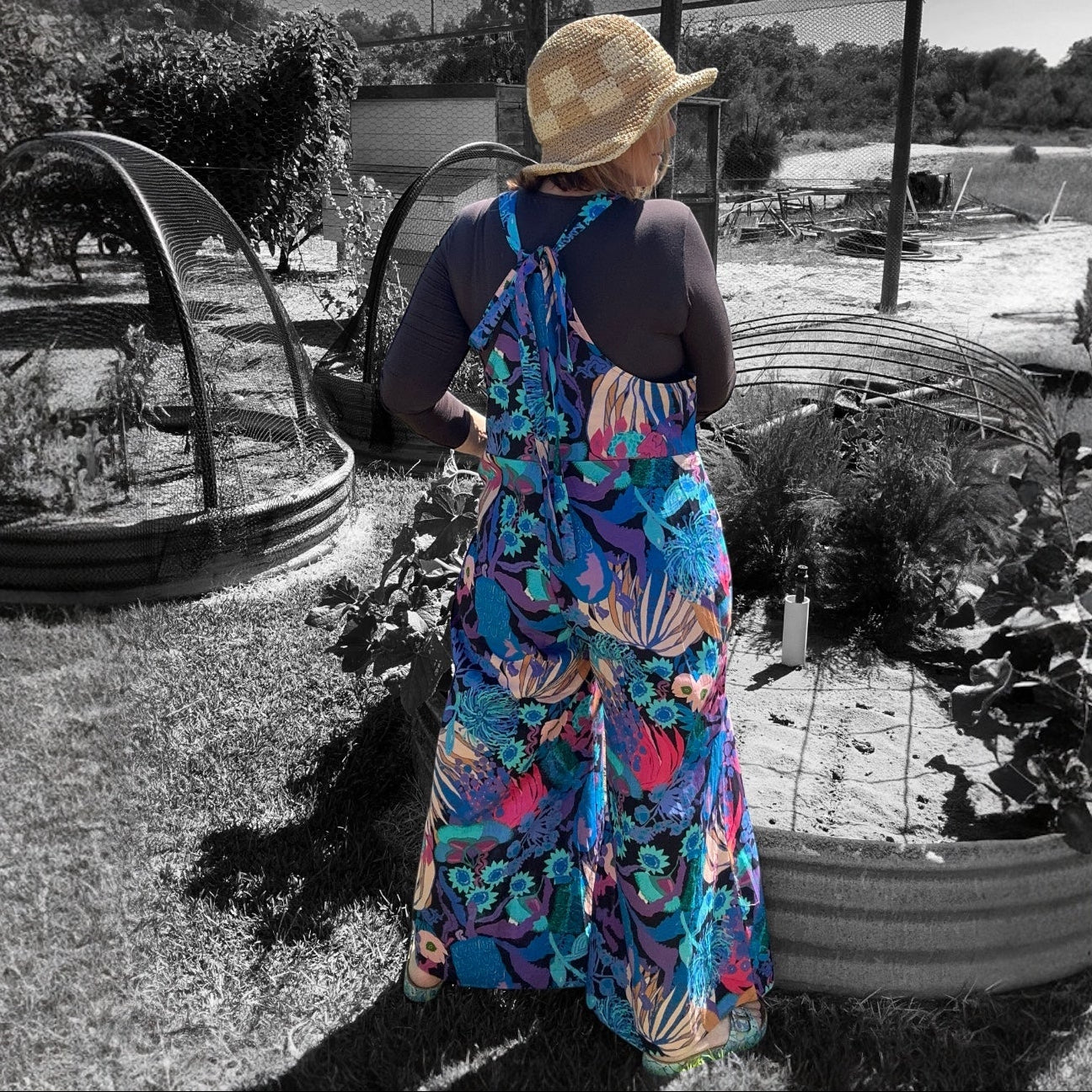 Zoe Playsuit in Bushfire Blues featuring original artwork by Kerry Munns Artlife printed on sustainable linen back view