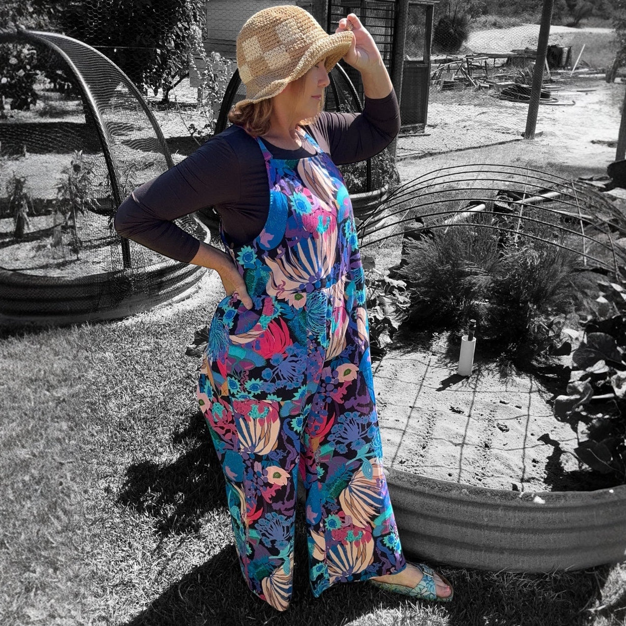 Zoe Playsuit in Bushfire Blues featuring original artwork by Kerry Munns Artlife printed on sustainable linen side view