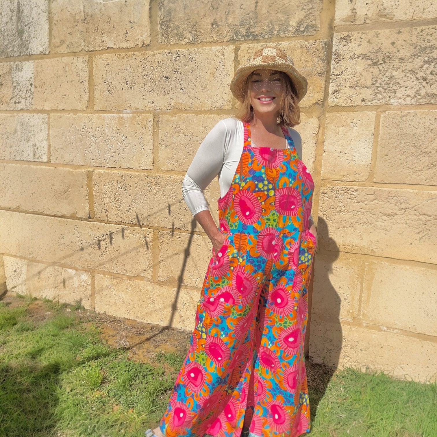 Zoe Playsuit in Mrs Pearl by Kerry Munns Artlife crafted in sustainable linen with artist-designed wearable art fabric front view