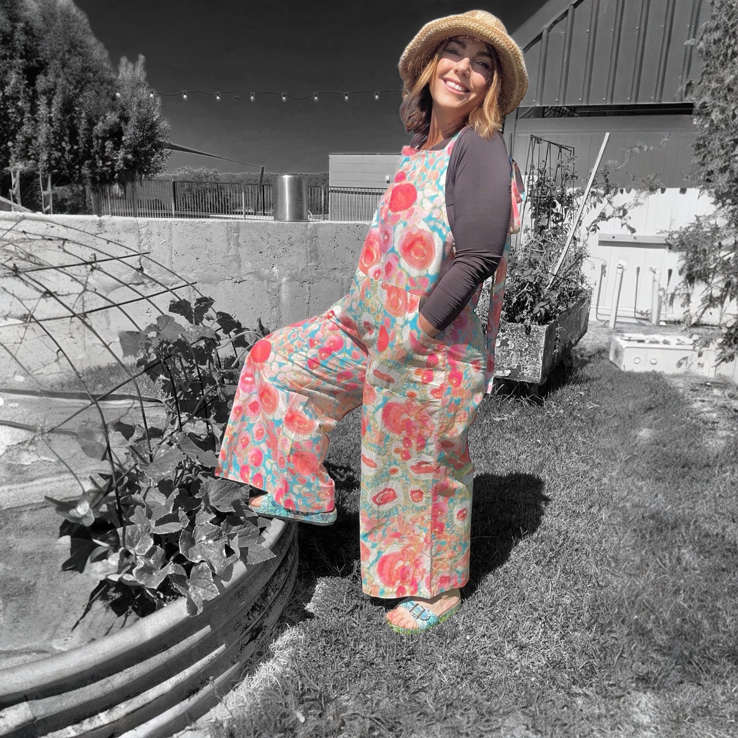 Zoe Playsuit in Petticoat Lane by Kerry Munns Artlife made from sustainable linen featuring original wearable art design side view