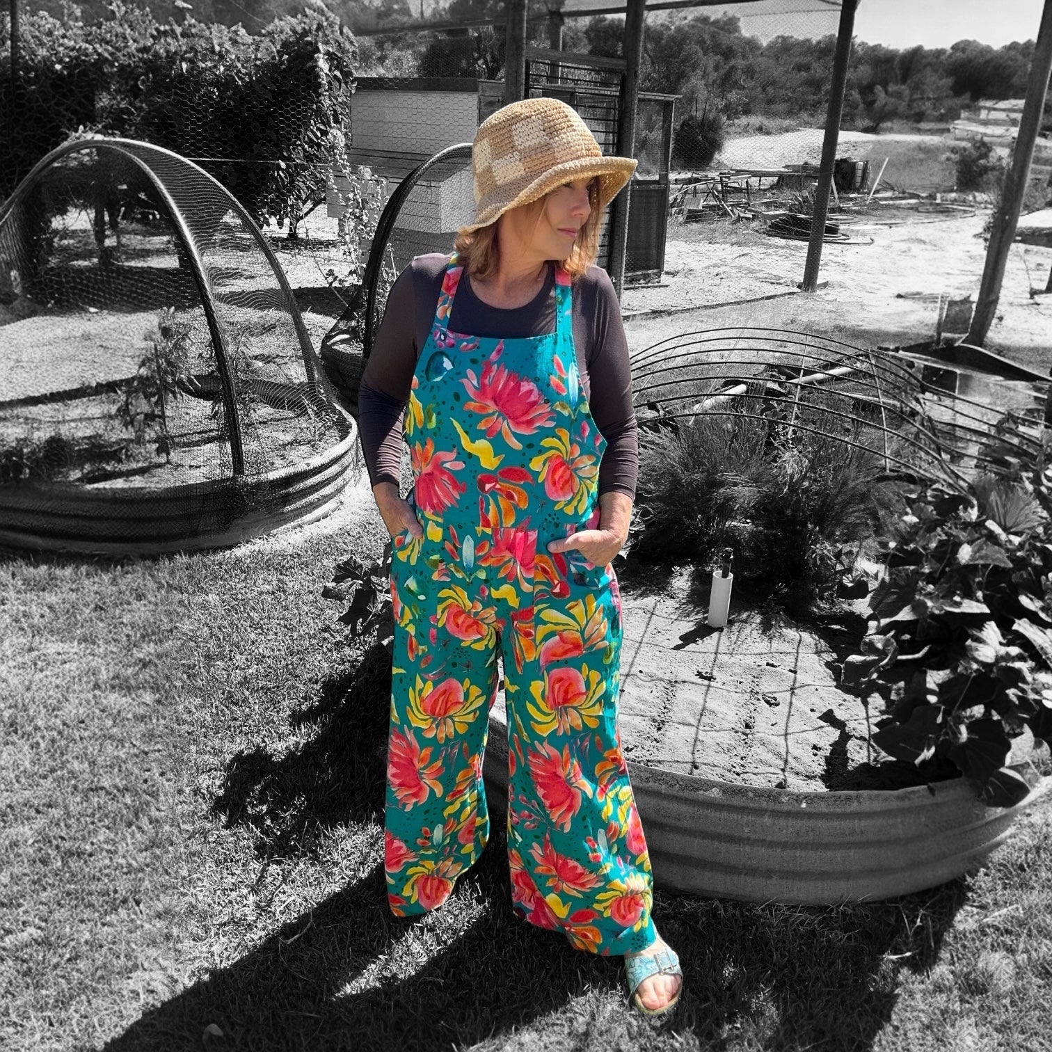 Zoe Playsuit in Sprinkles on Turquoise by Kerry Munns Artlife featuring playful wearable art printed on sustainable linen front view