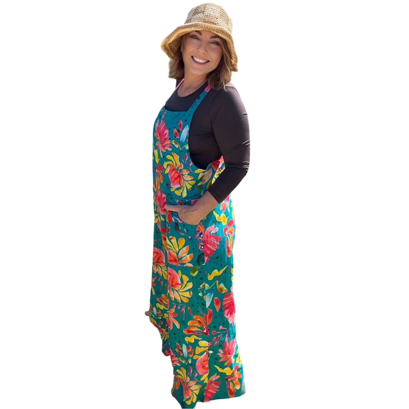 Zoe Playsuit in Sprinkles on Turquoise by Kerry Munns Artlife featuring playful wearable art printed on sustainable linen side view