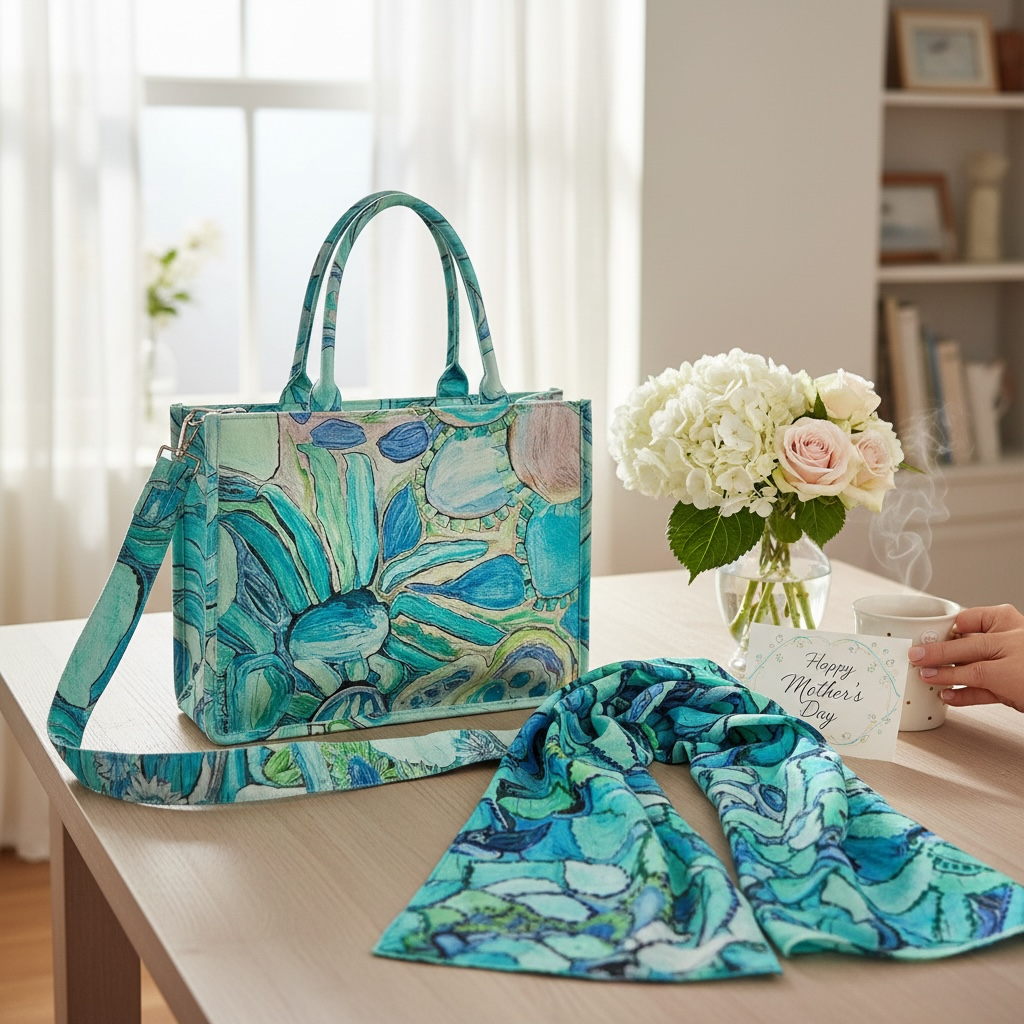 Blue floral wearable art handbag and matching woollen scarf featuring original artwork by Kerry Munns Artlife.