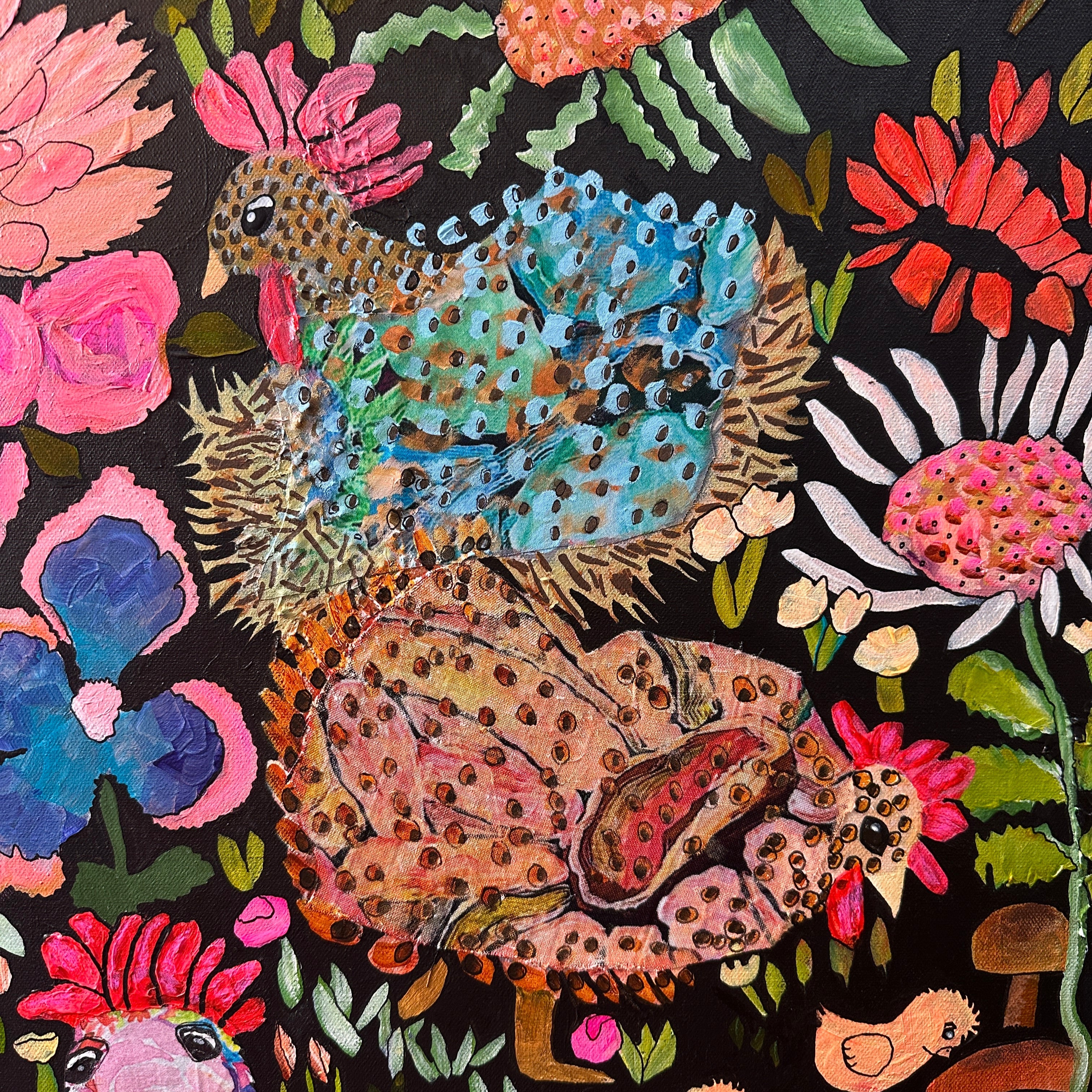 Colourful abstract chicken painting by Australian artist Kerry Munns from her wearable art collection.