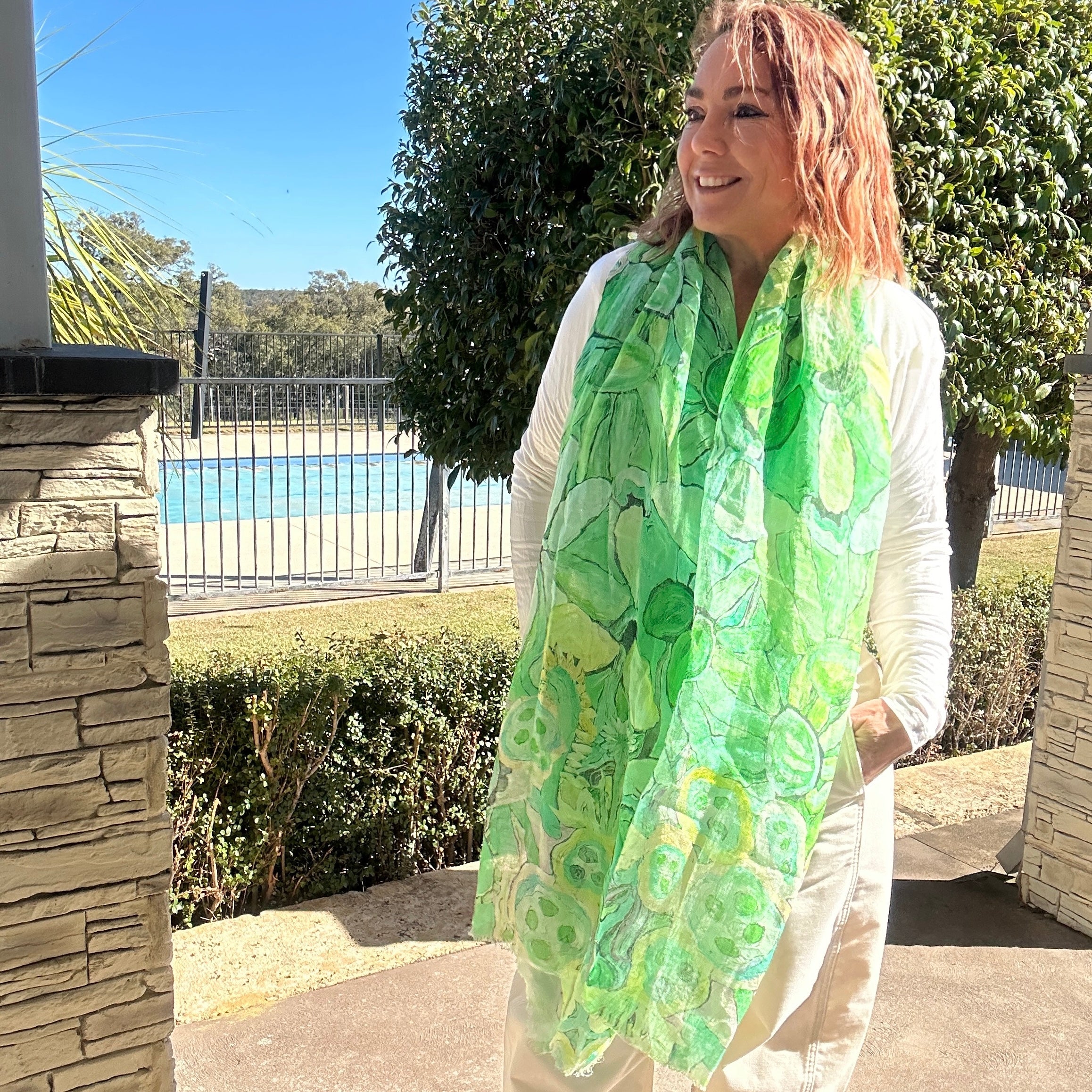 Apple Green botanical wearable art linen scarf inspired by Australian nature and original artwork