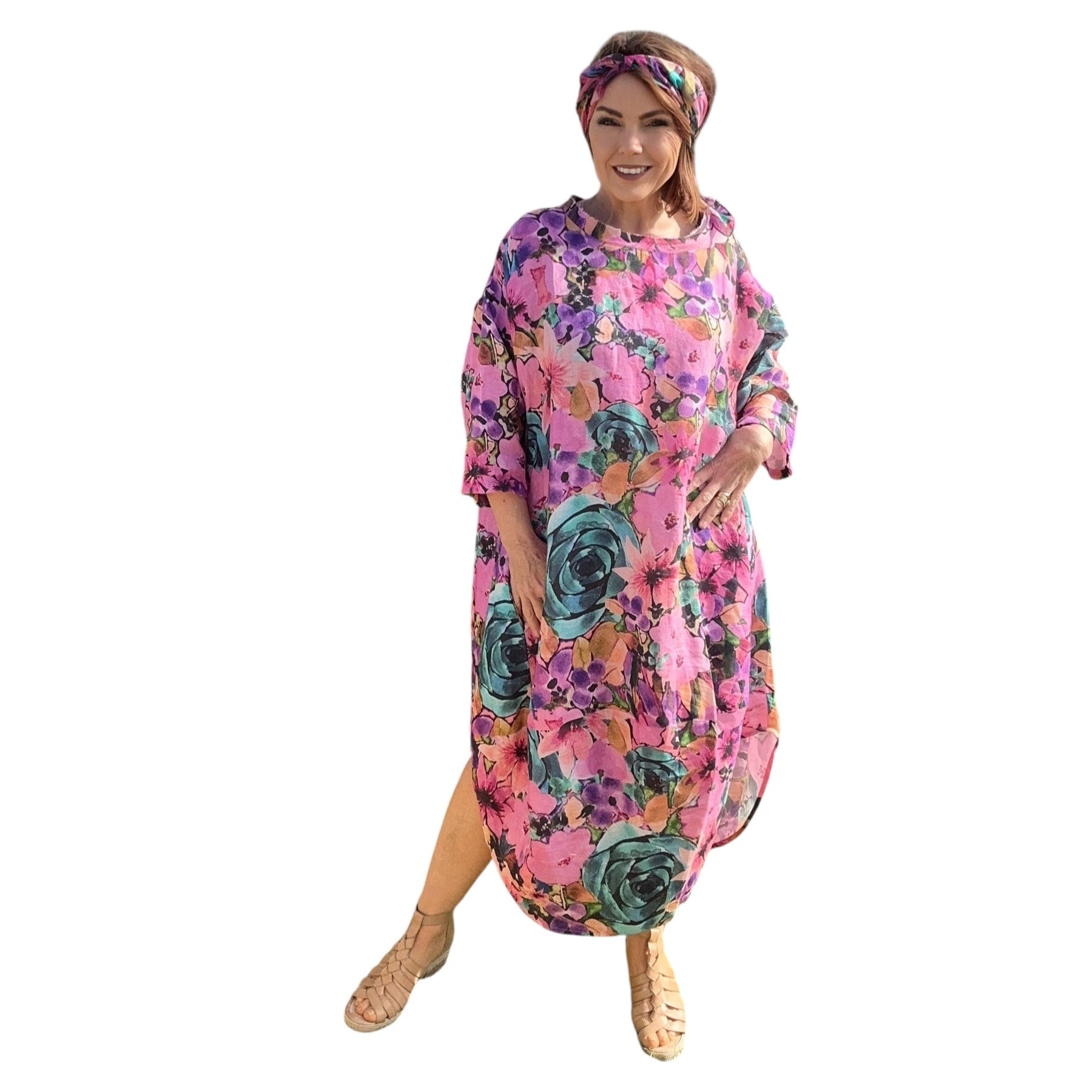 Woman wearing linen dress and silk scarf fashionable wearable art