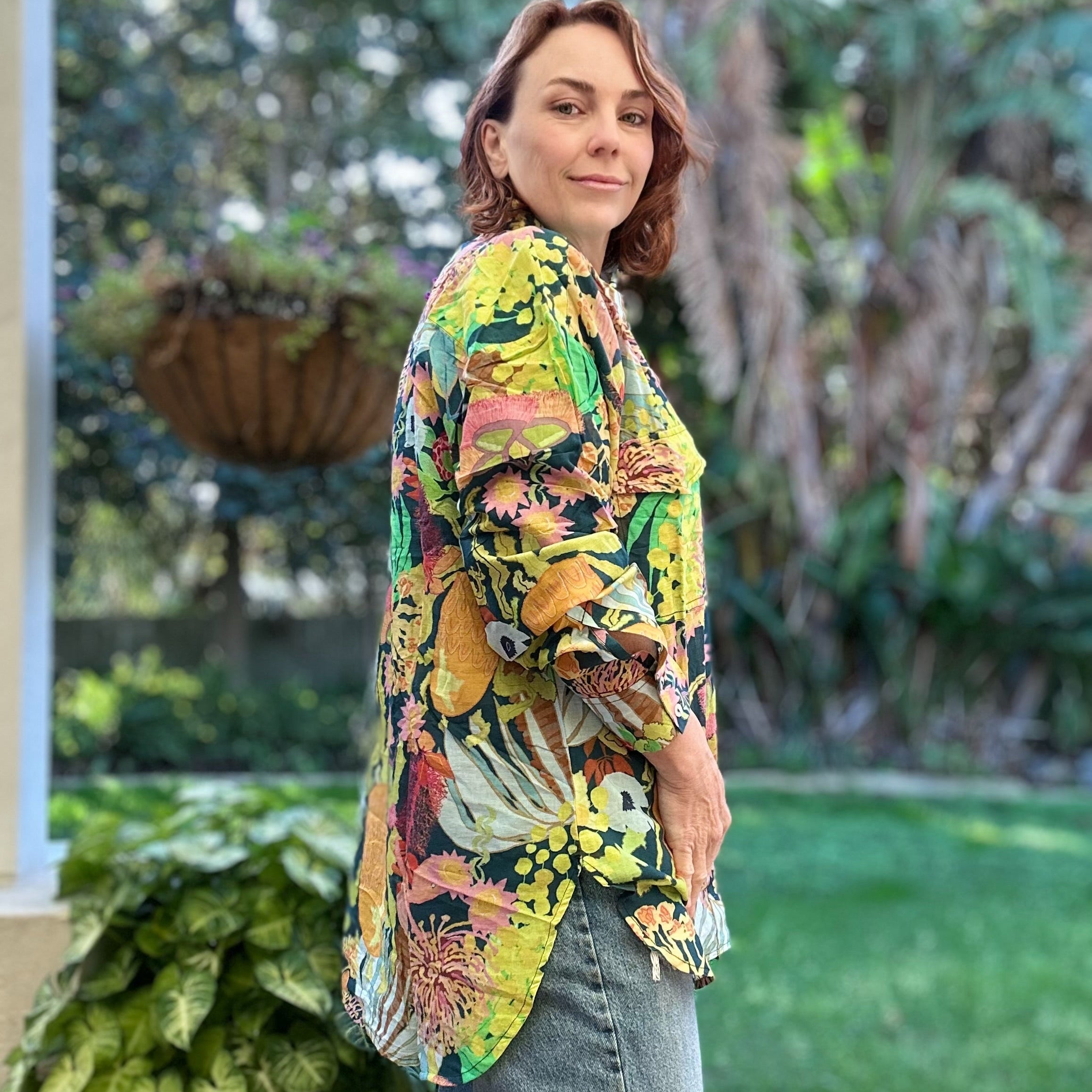 Beautiful button up linen shirt with celestial floral pattern – dreamy wearable art fashion