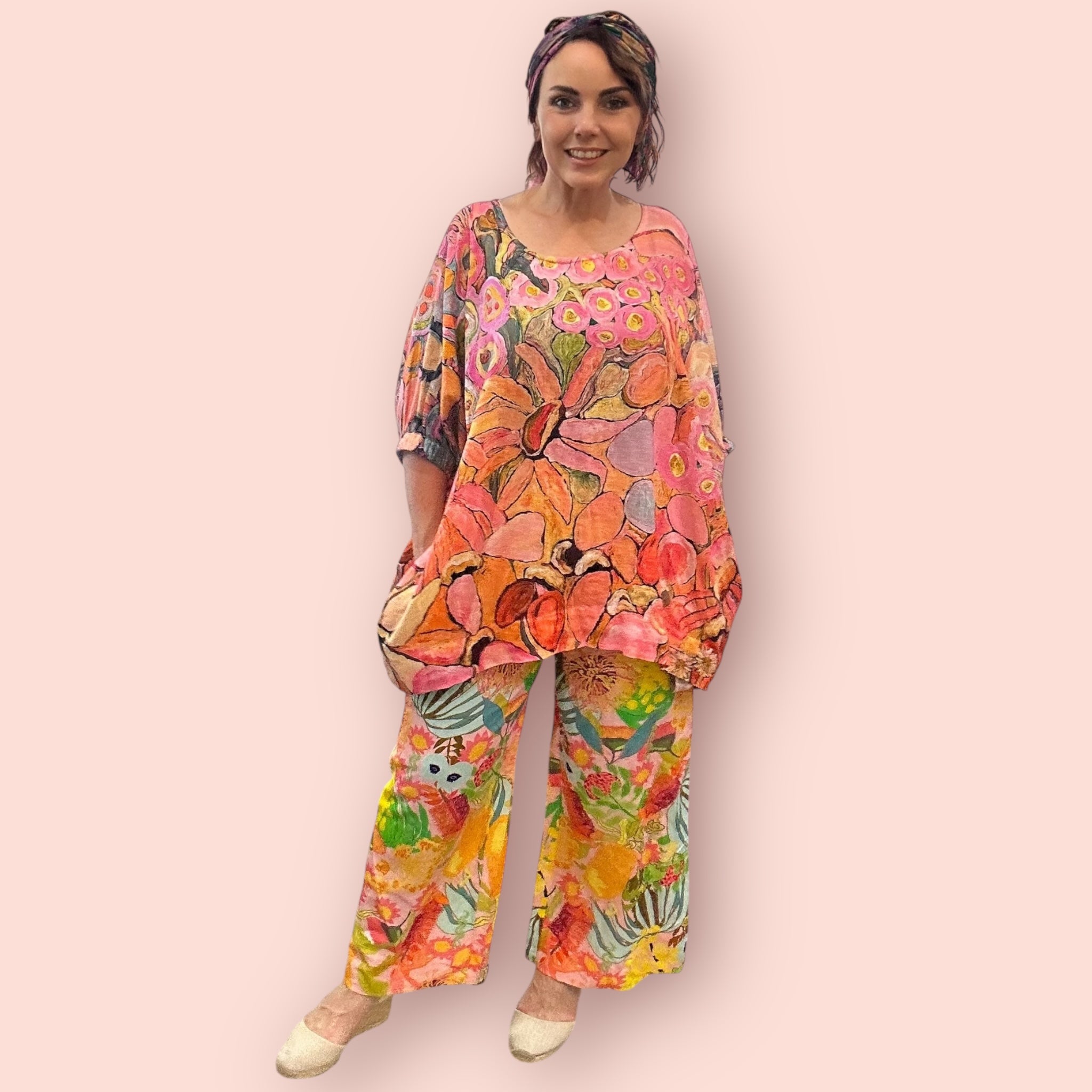 Lightweight linen shirt with vibrant peach wearable art print