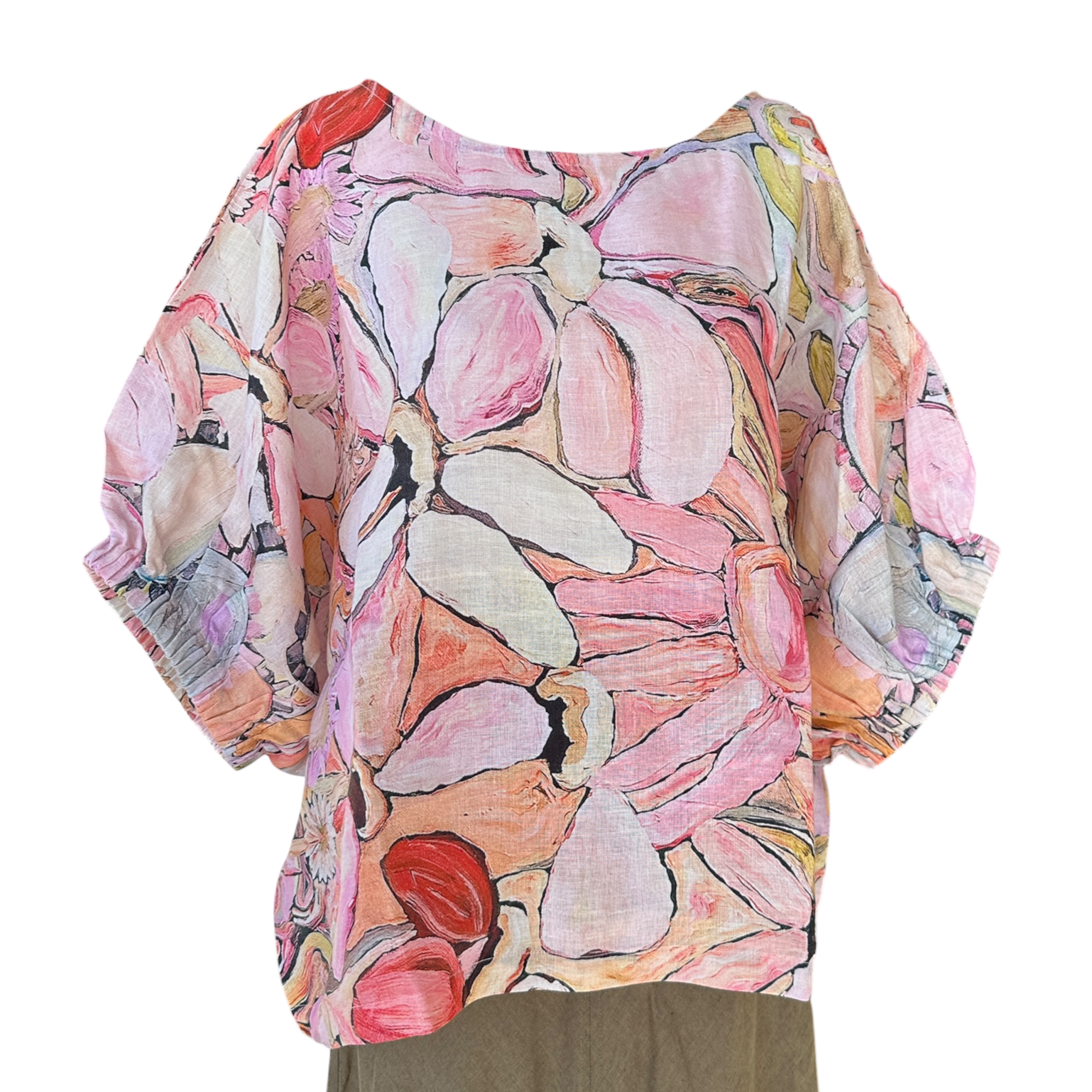 Artistic pink floral linen top made from breathable natural linen