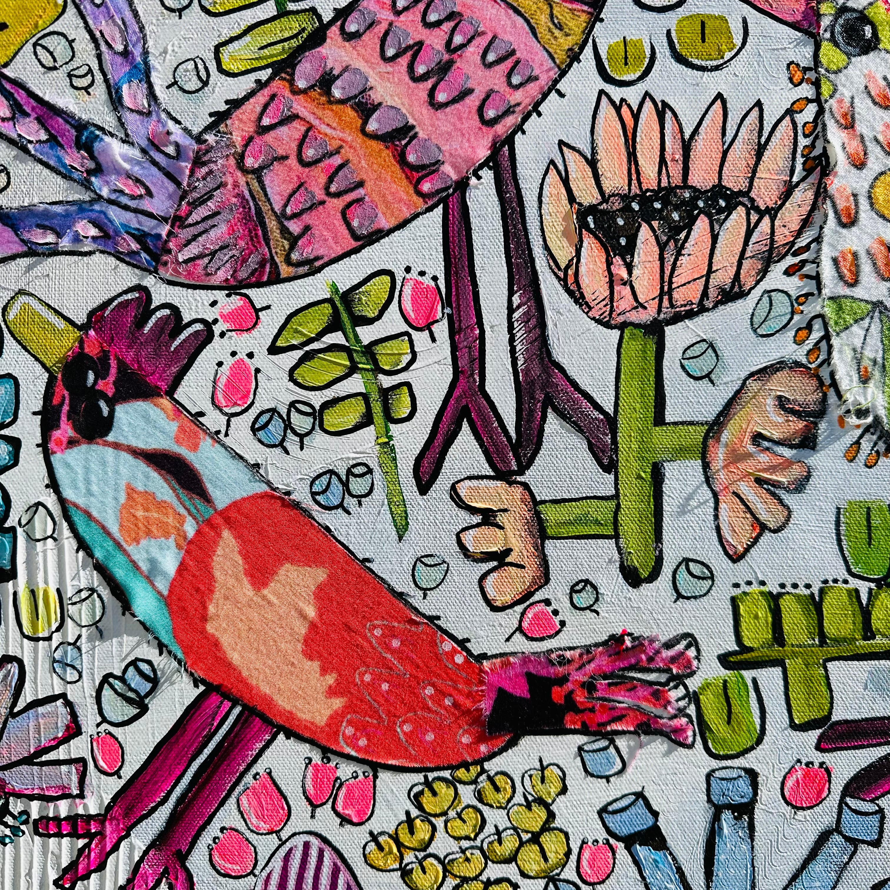 Colorful illustration of birds and flowers on a textured background
