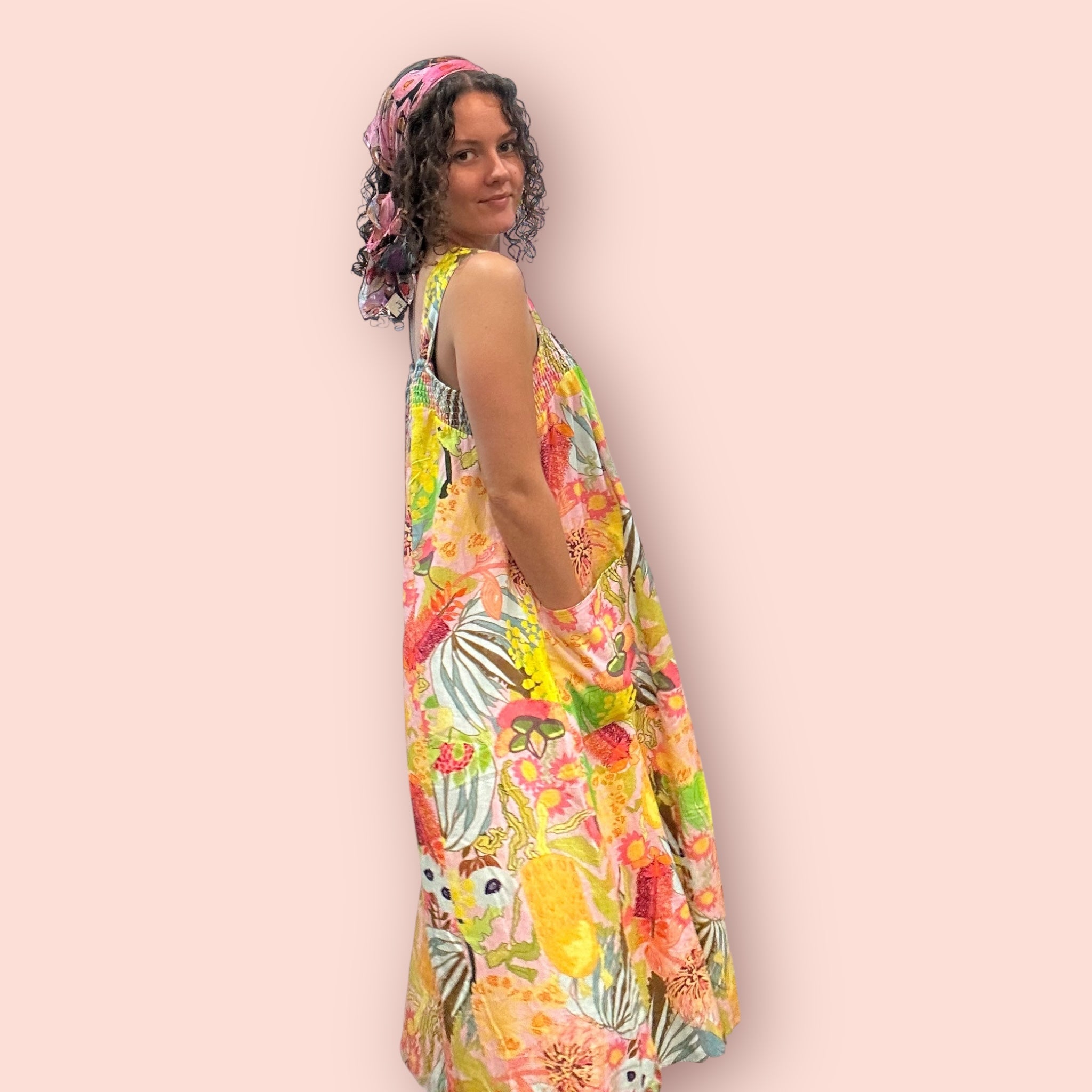 Abstract print plus-size linen dress from Kerry Munns' wearable art collection