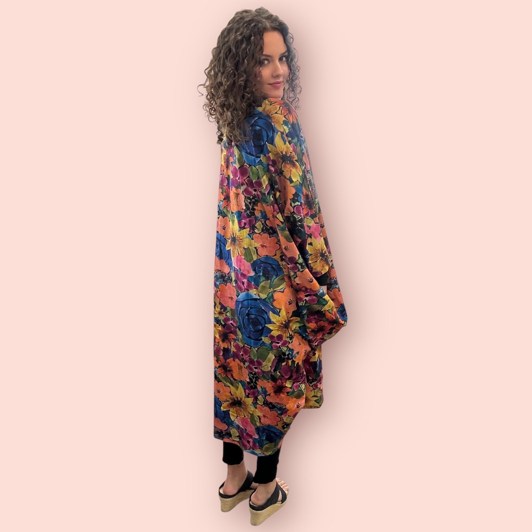 Floral stretch cotton dress in plus size, featuring wearable art by Kerry Munns