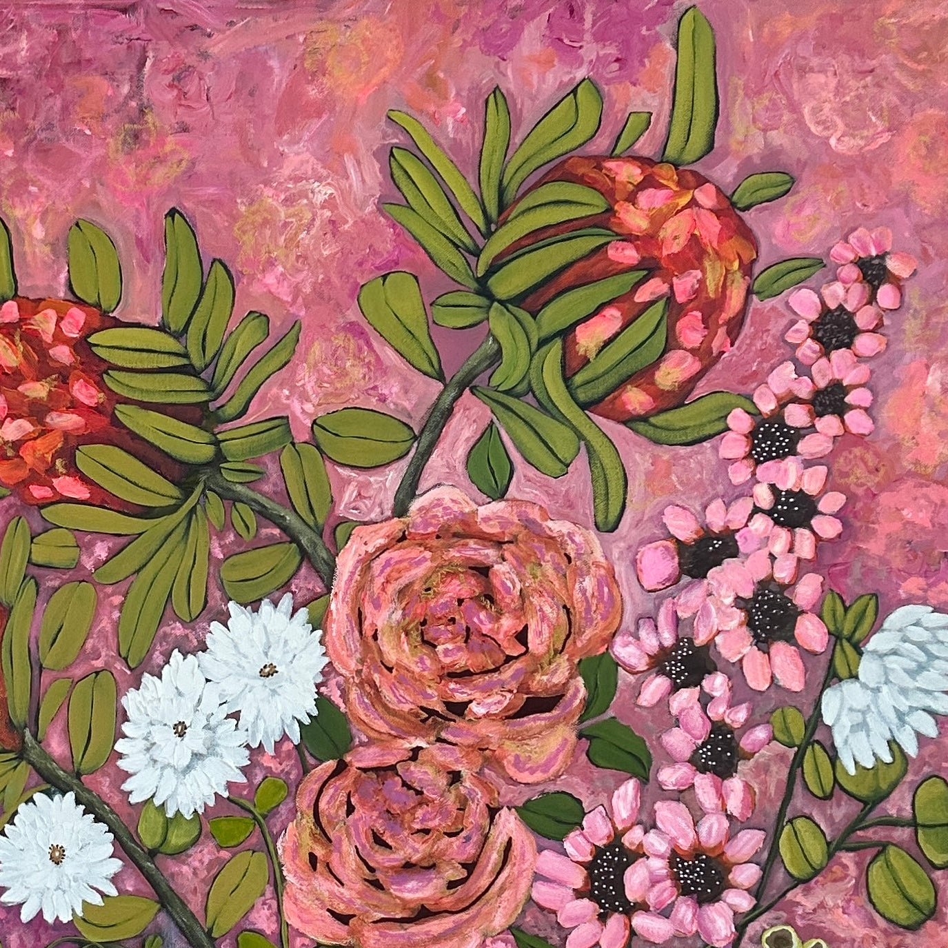 Close up detail of textured acrylic floral painting Pretty In Pink showing layered brushstrokes and vibrant colours