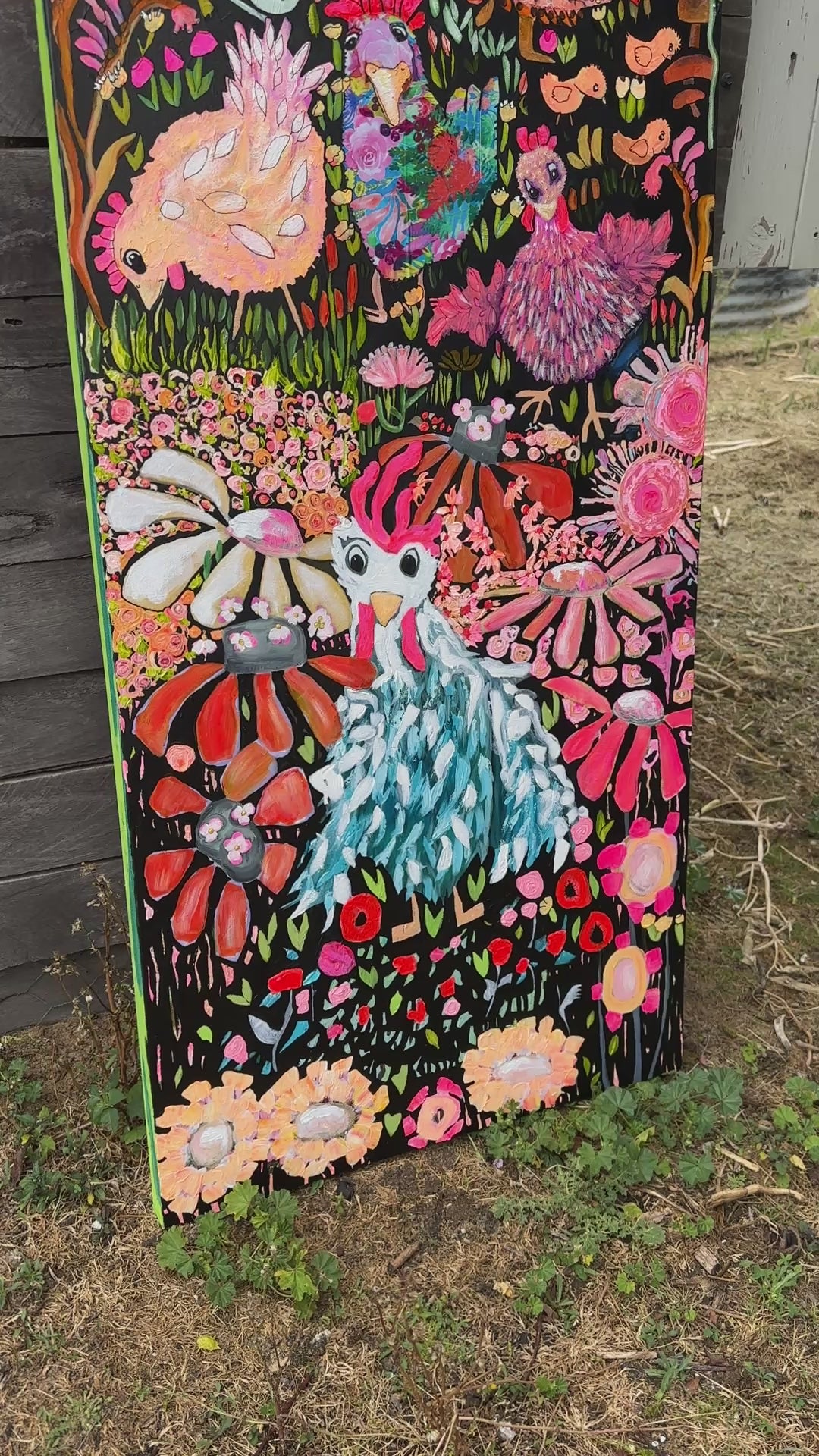 Large mixed media painting Chickens Gone Wild by Kerry Munns — a bold fine art expression of chickens in motion