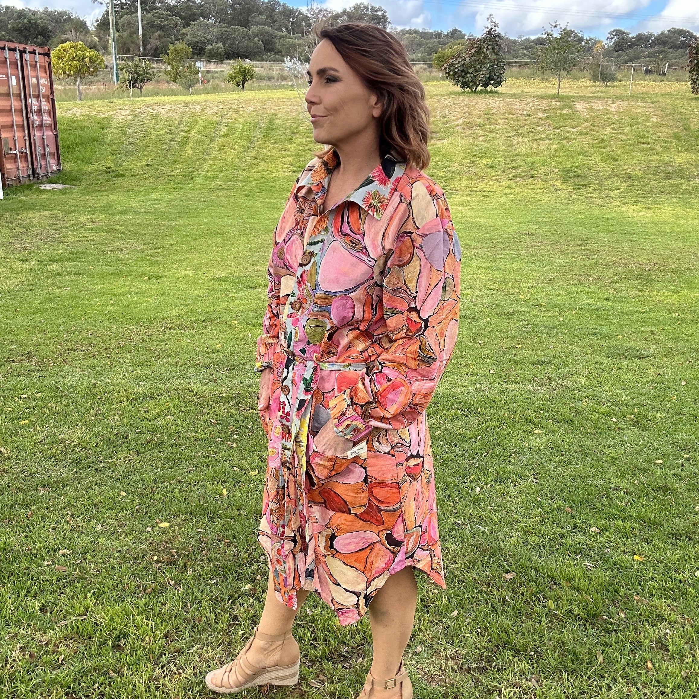 Reversible coat dress featuring original art painted pattern