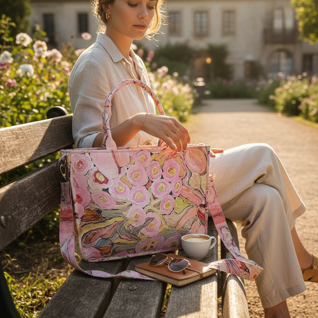 Romantic floral art print handbag for women featuring soft blush tones and artistic floral patterns.