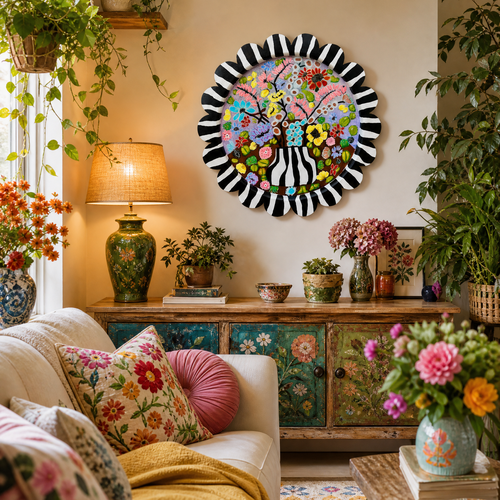 She Blooms in Her Own Way, a 45 cm original floral acrylic artwork on wood, displayed ready to hang.