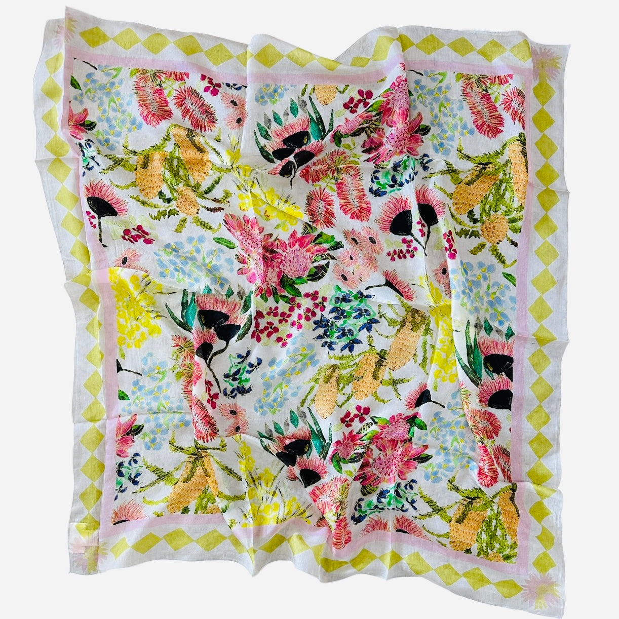 Silk square scarf with Australian wildflowers by artist Kerry Munns