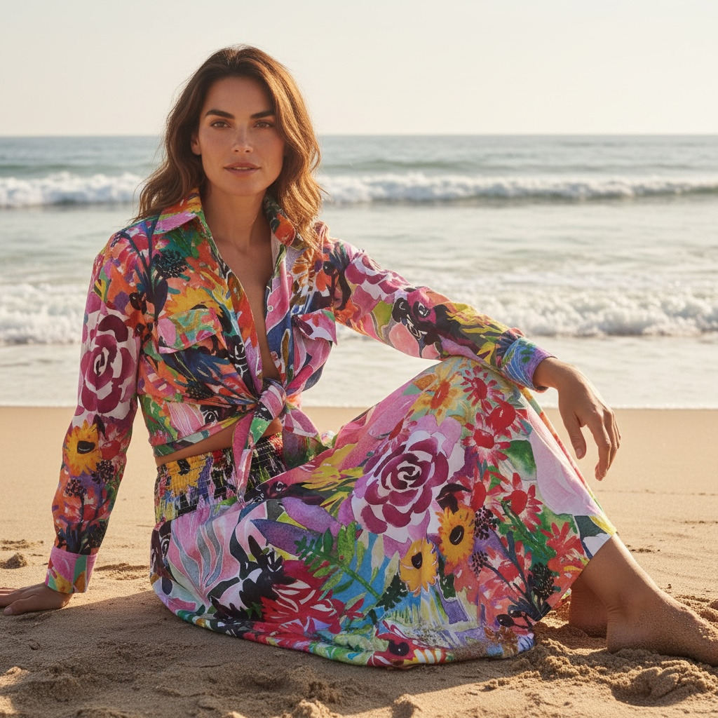 Sitting angle of the Sophia Skirt in Floral Coral highlighting the feminine drape and expressive coral-toned florals