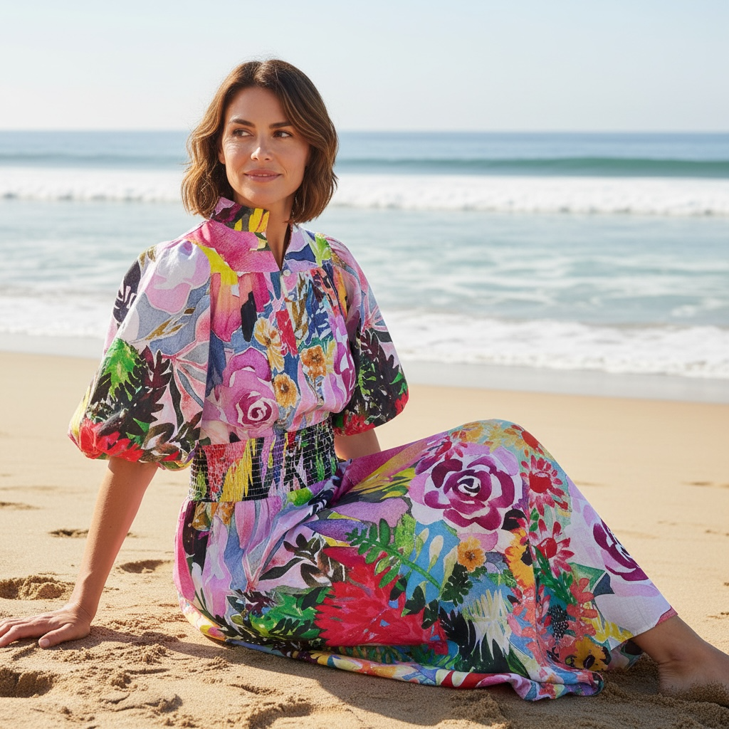 Sophia Skirt in Floral Coral — wearable art cotton skirt featuring Kerry Munns’ hand-painted coral floral design