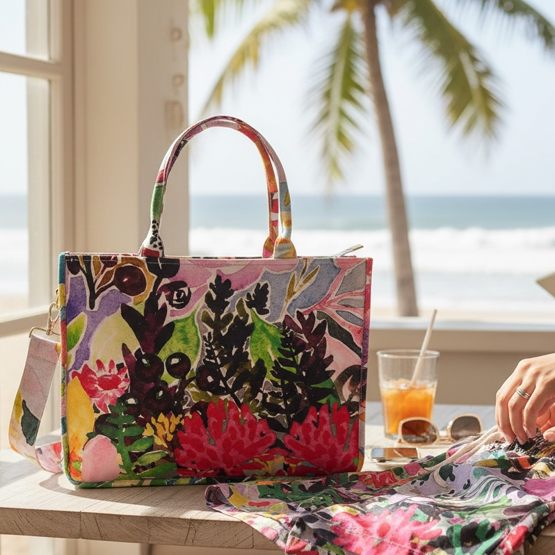 Vibrant flower print crossbody tote handbag with matching scarf and colourful wearable art styling