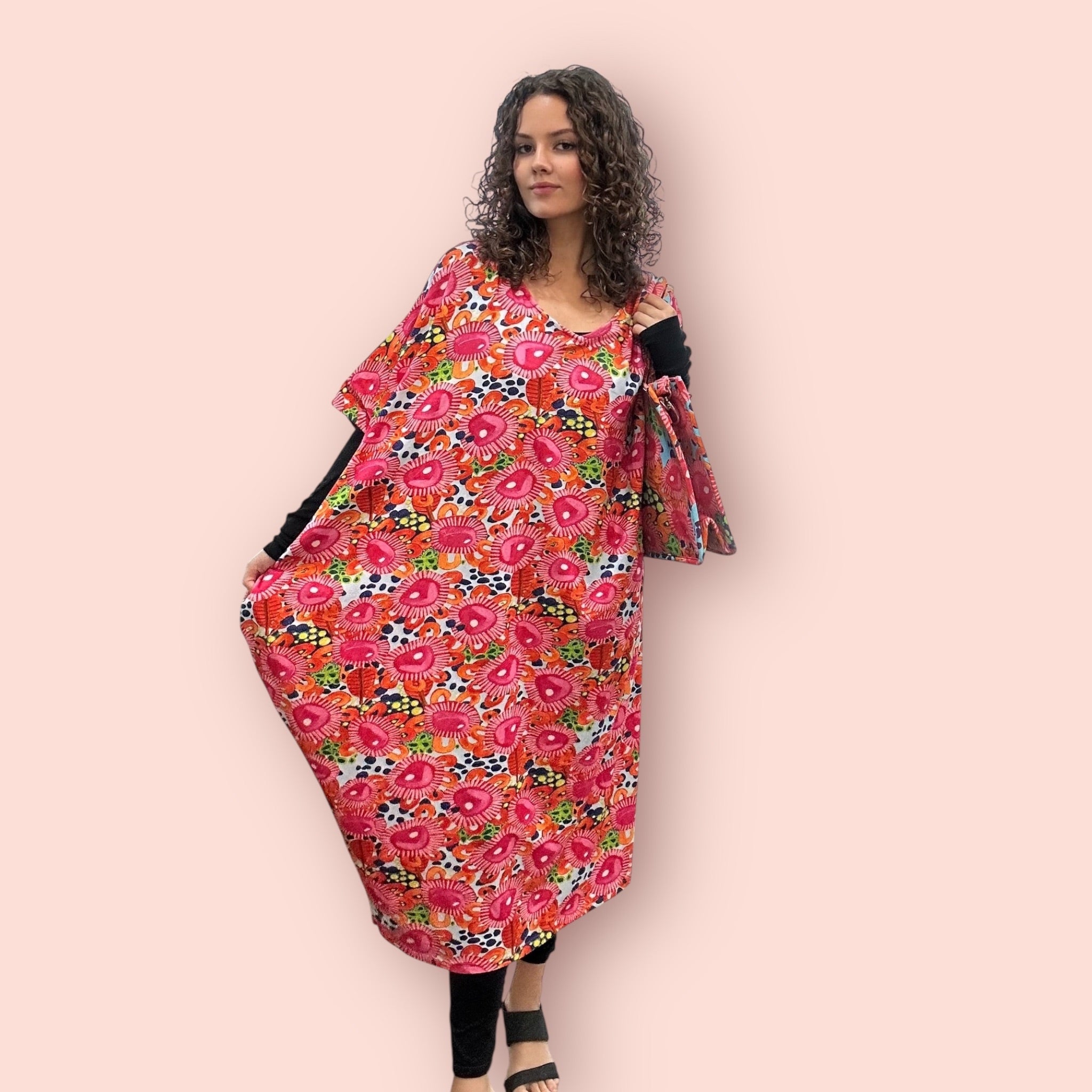 Vibrant splash print stretch cotton dress for plus size women, wearable art fashion by Kerry Munns