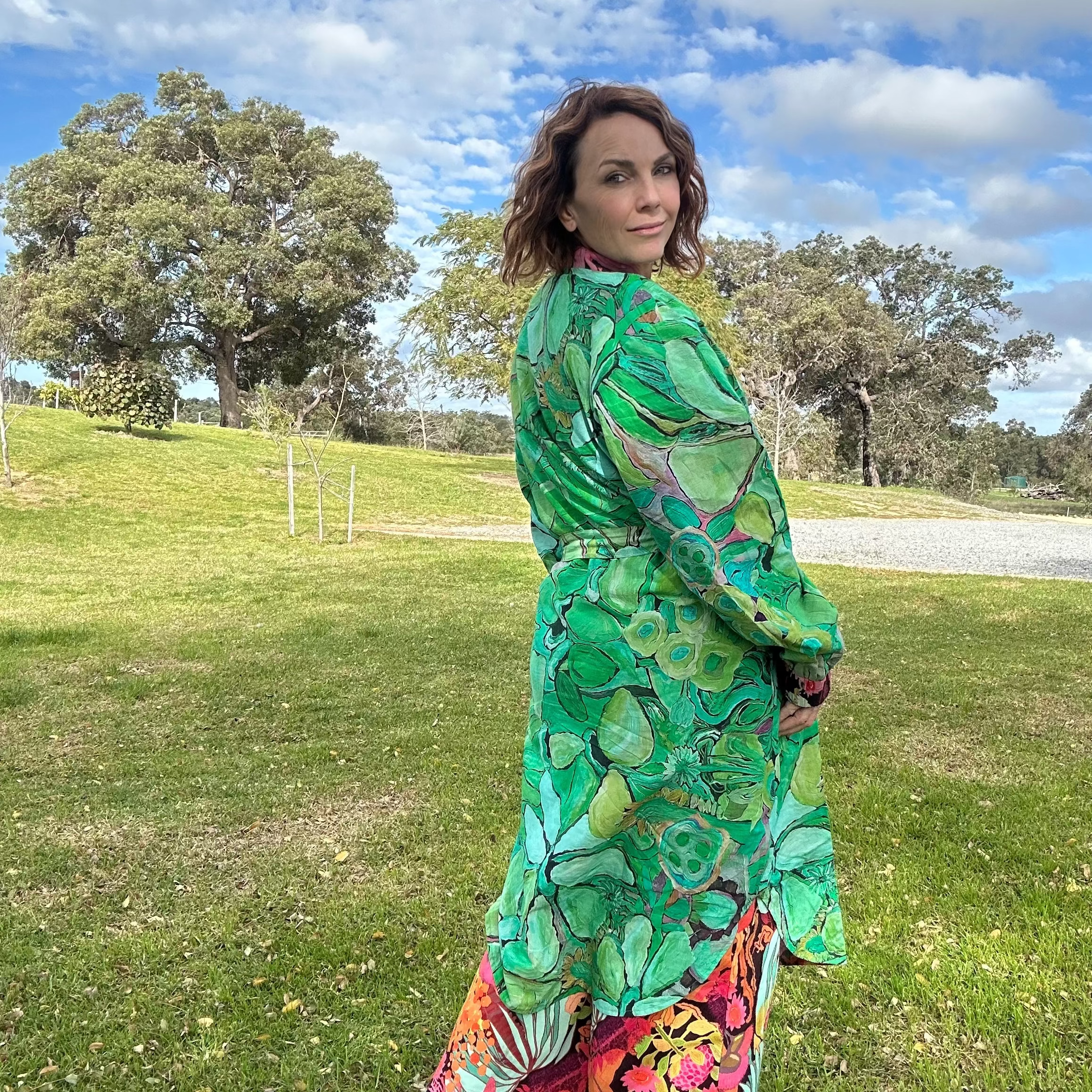 reversible wearable art coat dress in green and Australian wildflowers