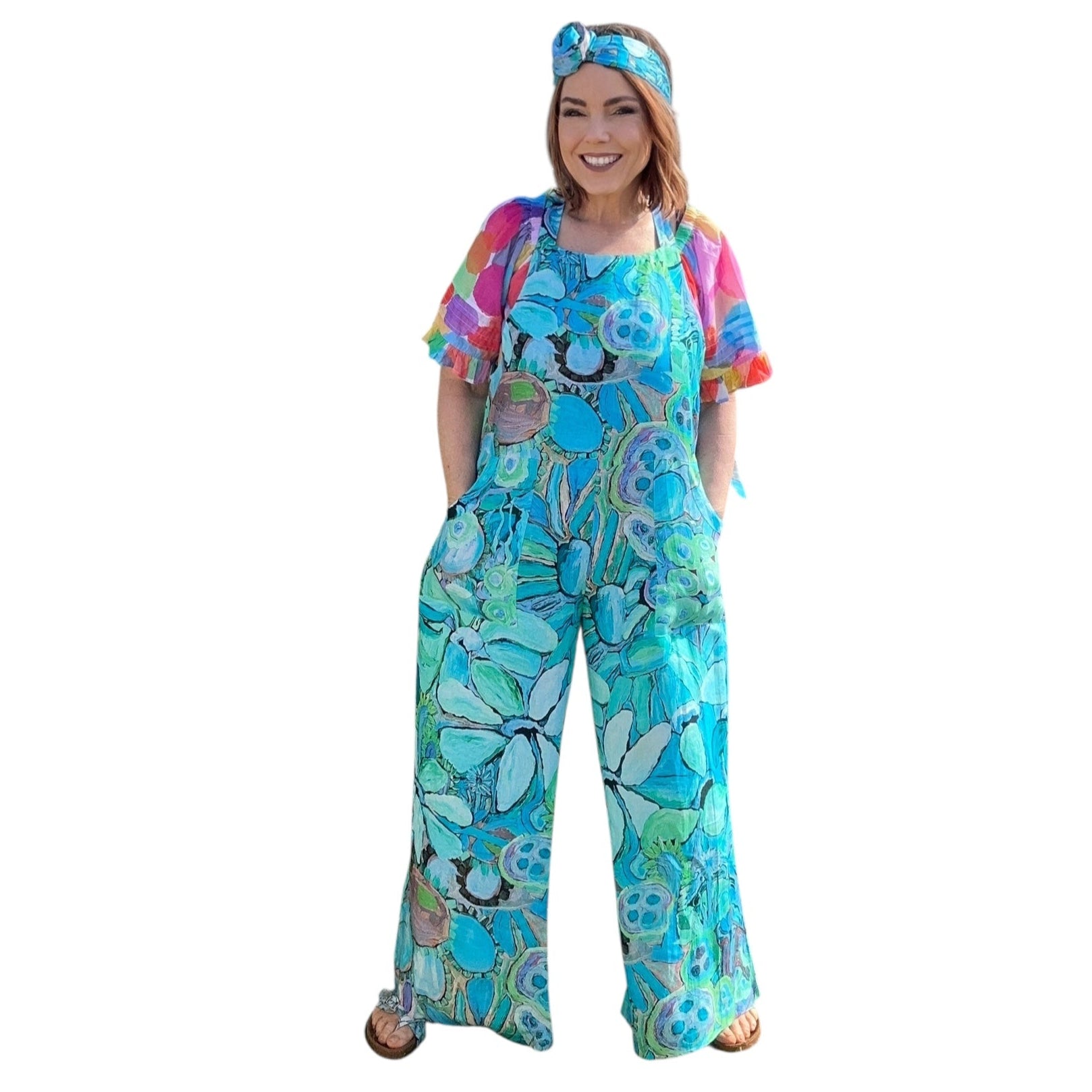 Wearable art jumpsuit in floral design by Kerry Munns