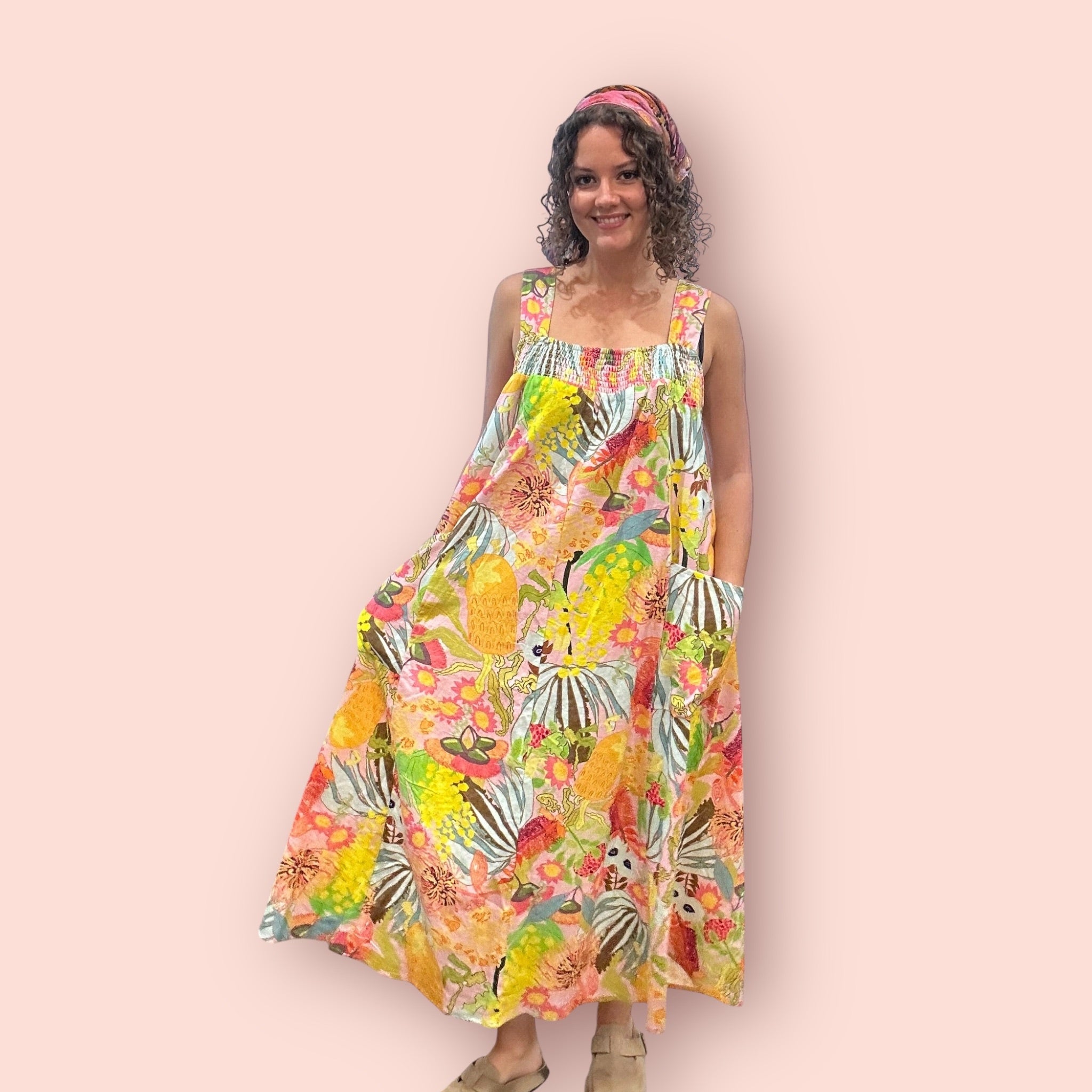 Spring garden-inspired wearable art linen dress in flattering plus size cut