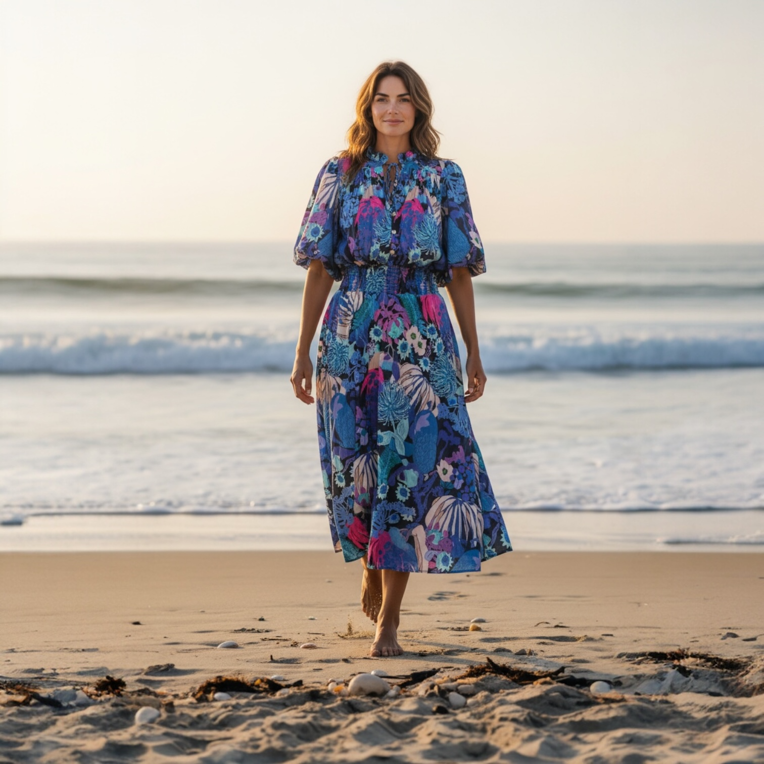 Woman wearing a colourful skirt and top standing on a beach with waves in the background