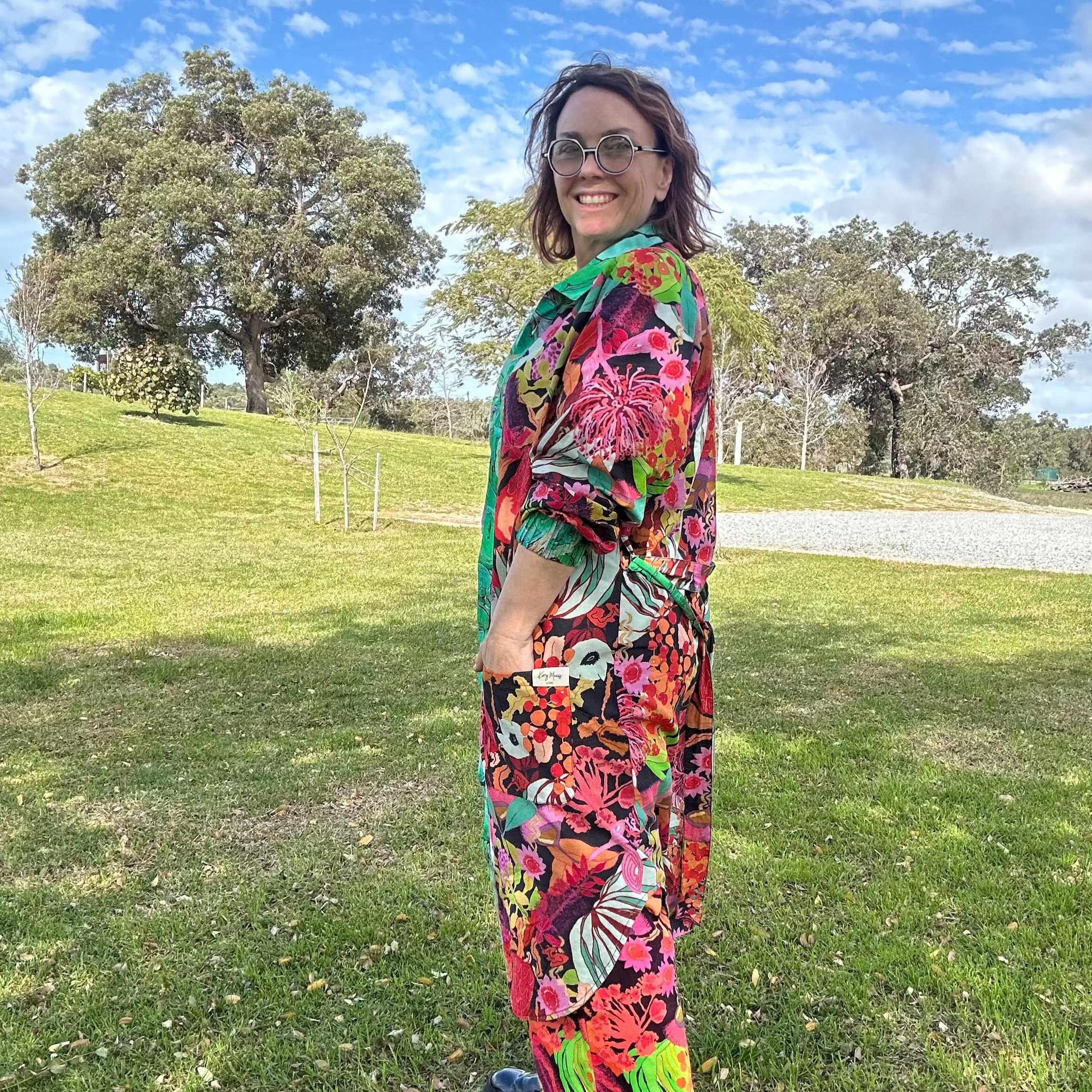 wildflowers on wearable art cotton coat reversible button through dress