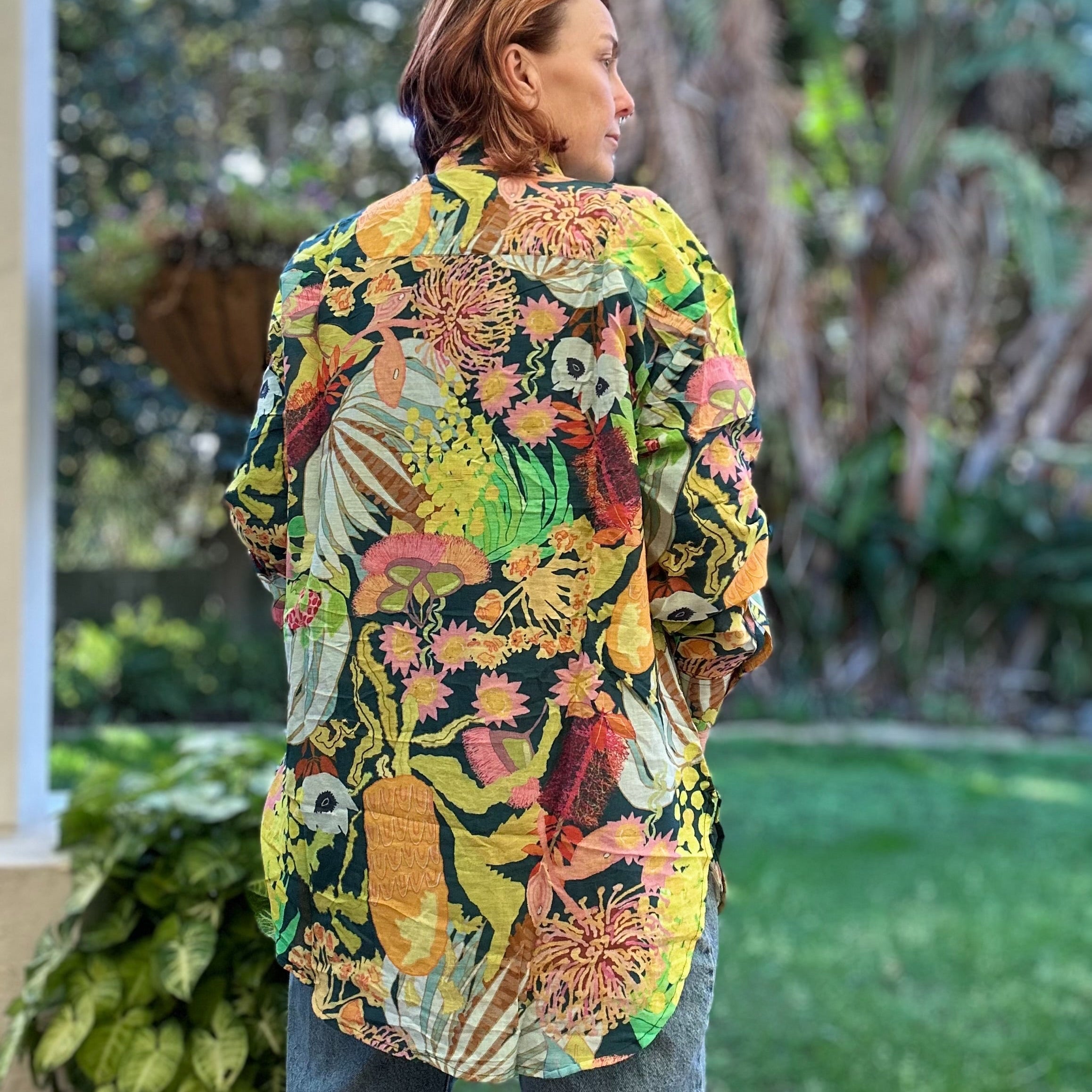 Textured linen shirt with abstract harbour hues – artistic women’s shirt by Kerry Munns