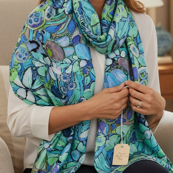 Womens wool scarf in turquoise design by artist Kerry Munns