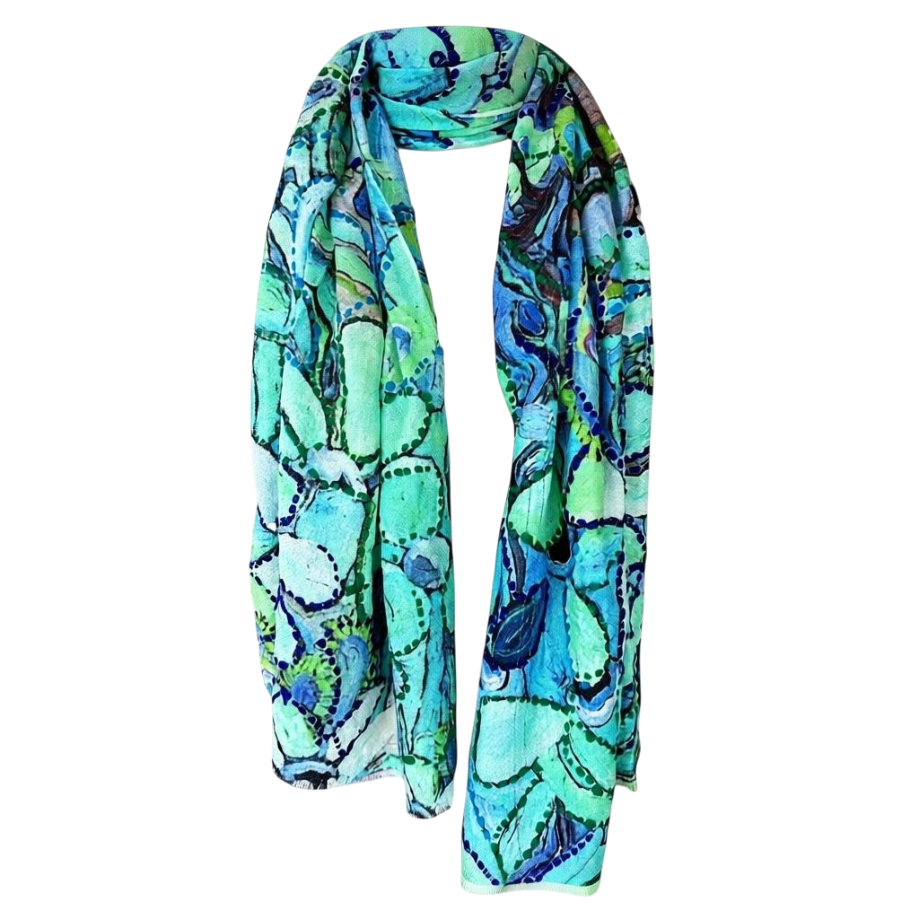 Woollen scarf in turquoise painting by artist Kerry Munns