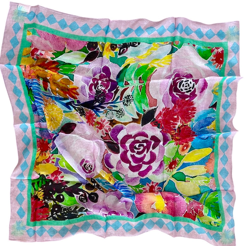 Silk Square Scarf in Floral Coral