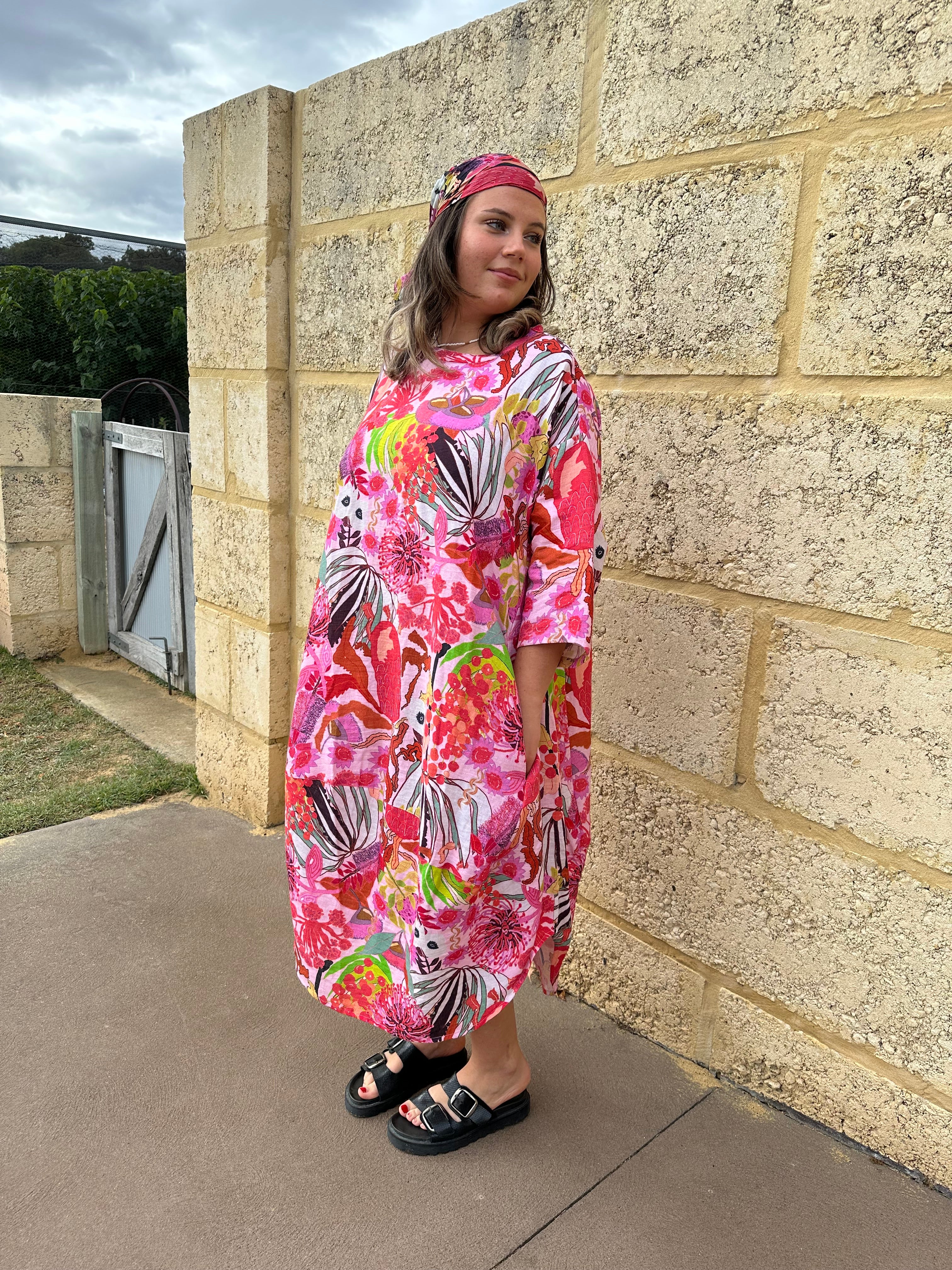 womens wearable art dress pink with flowers