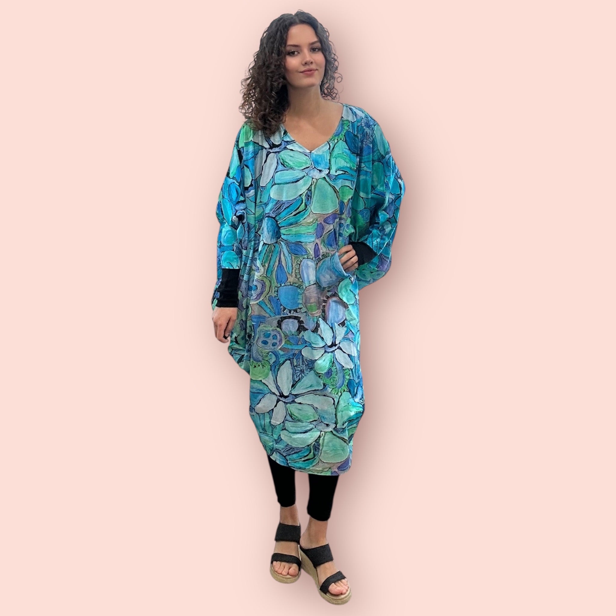 Blue curve-friendly stretch cotton dress with vibrant art print by Kerry Munns