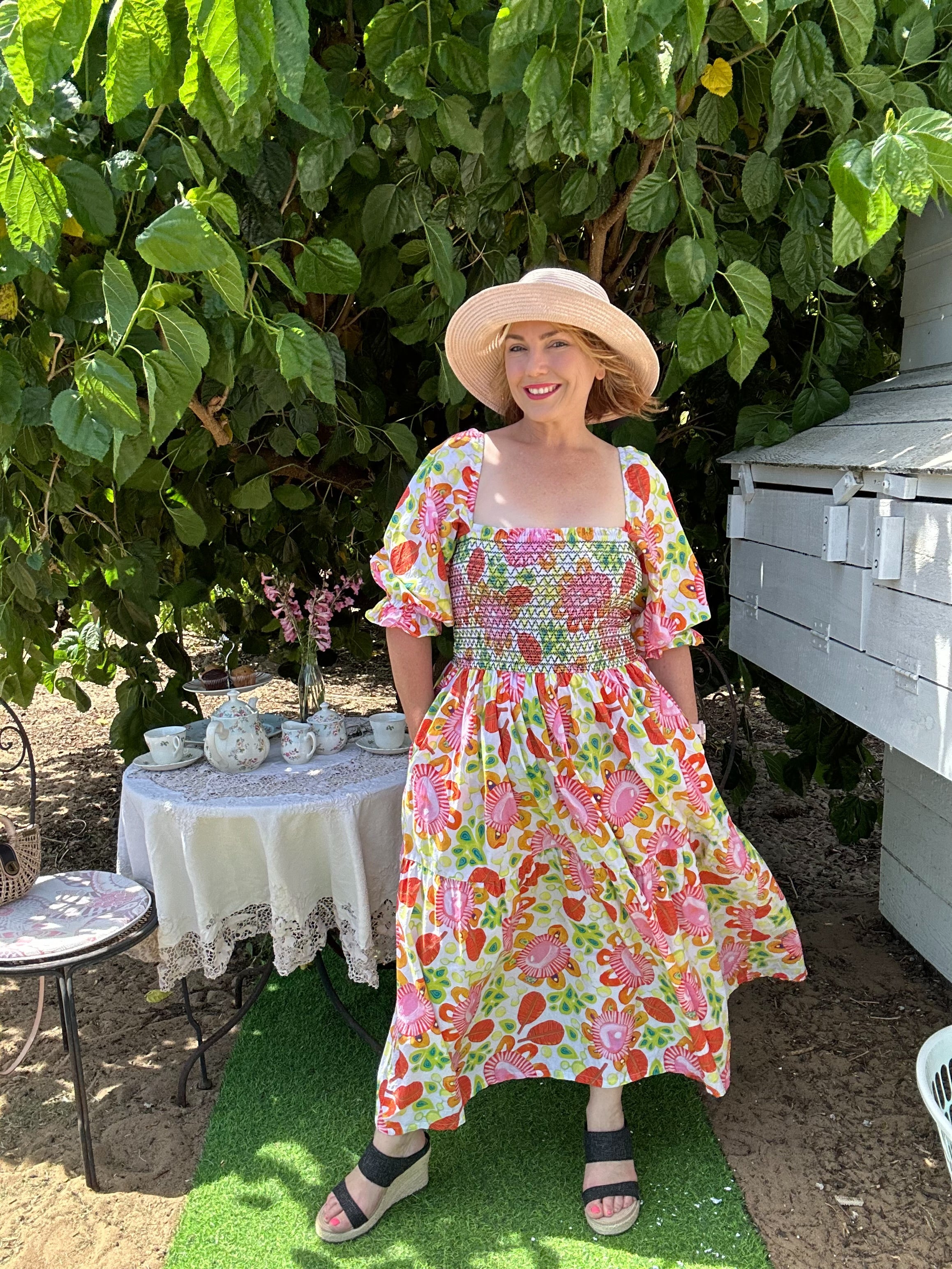 Floral Dress - wearable art Cottage Core in  Mrs Pearl White 