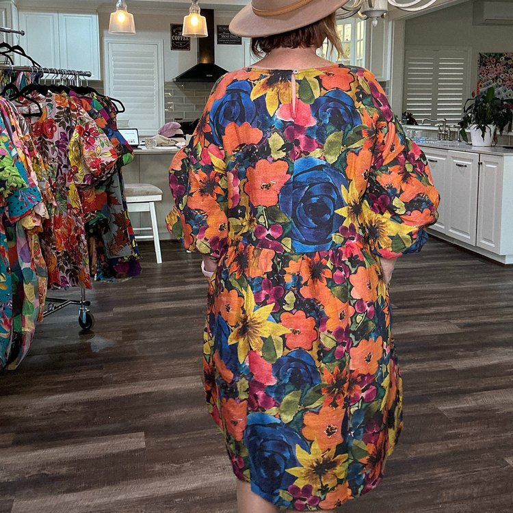 Floral dress - wearable art Athena Linen - True Blue 