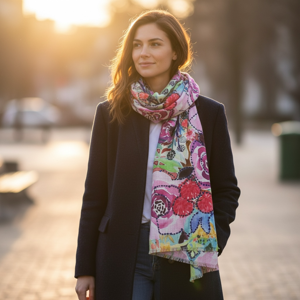 Embroidered Scarf in Floral Coral