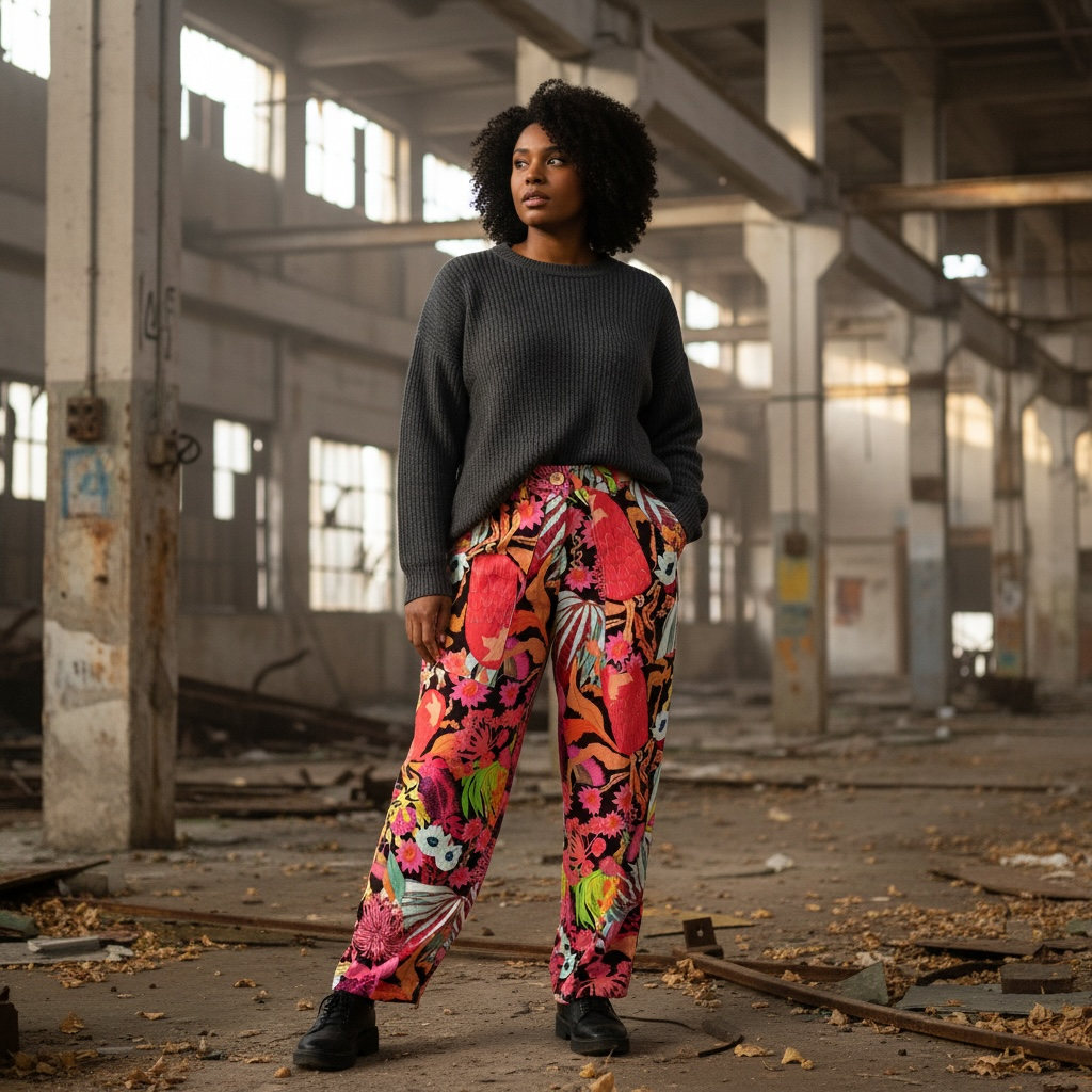Long linen pants featuring lively artwork by Kerry Munns on the fabric