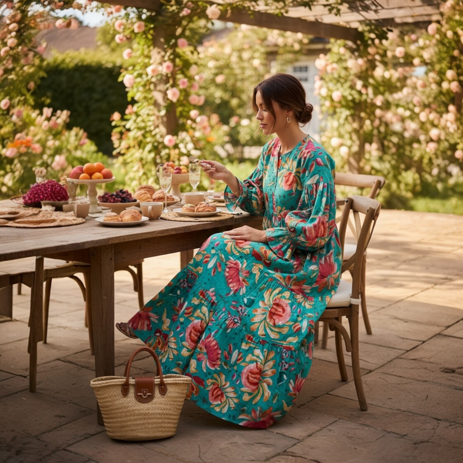 Woman in a long turquoise and pink floral cotton dress sitting at an outdoor table with a garden background
