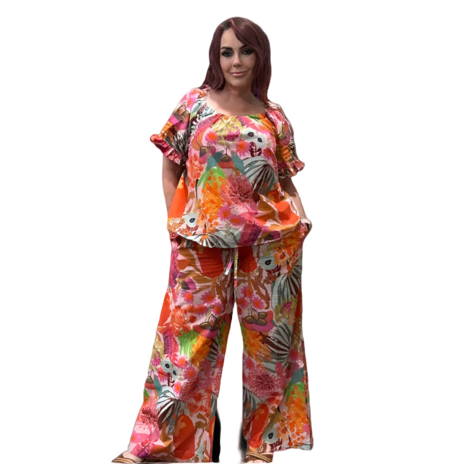 Wearable art pants with wide leg in a relaxed fit