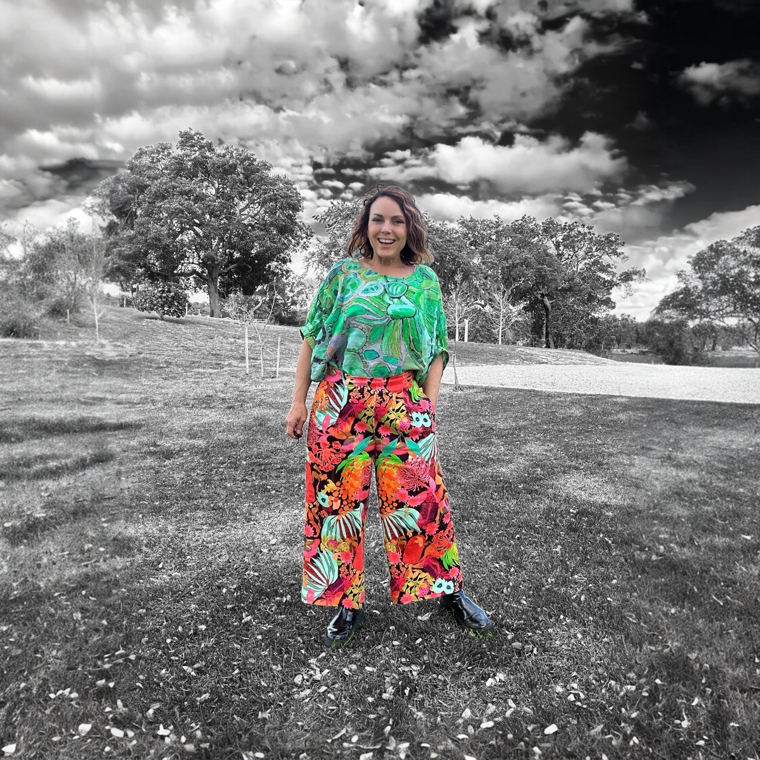 Wearable art in denim pants on stainable fabric all ethically made