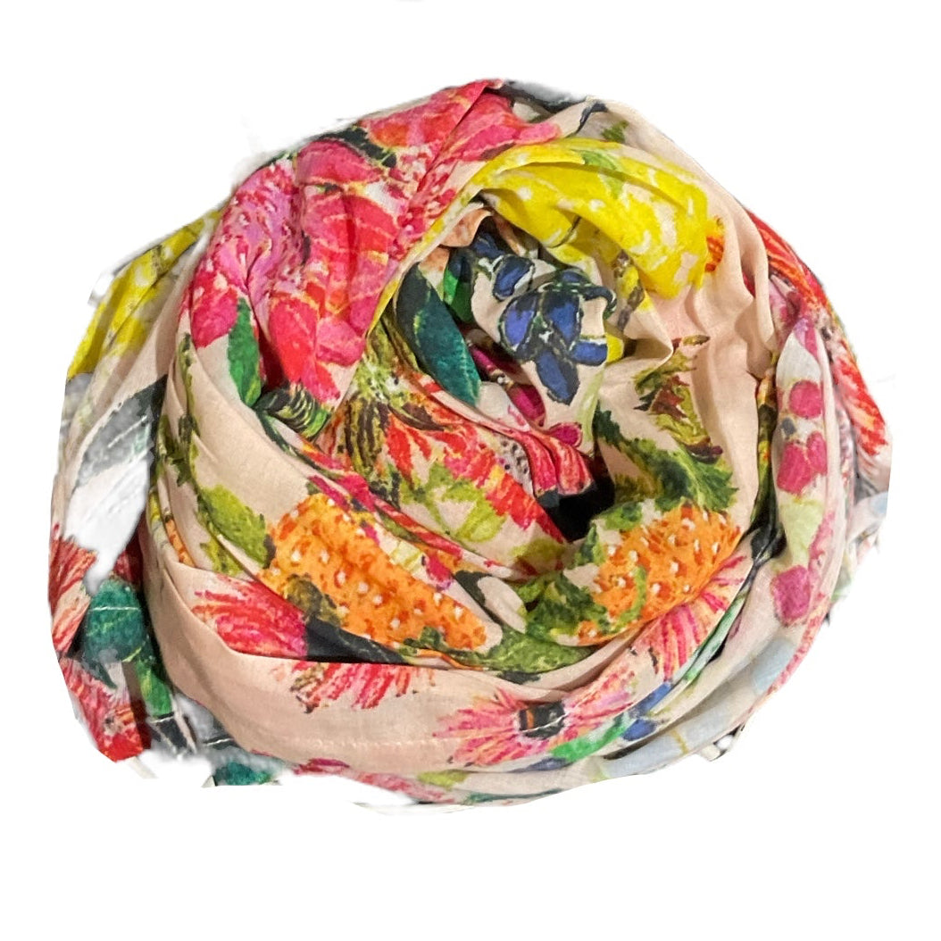 Soft floral sarong in misty pinks and lilacs – wearable art piece for effortless elegance featuring wildflowers