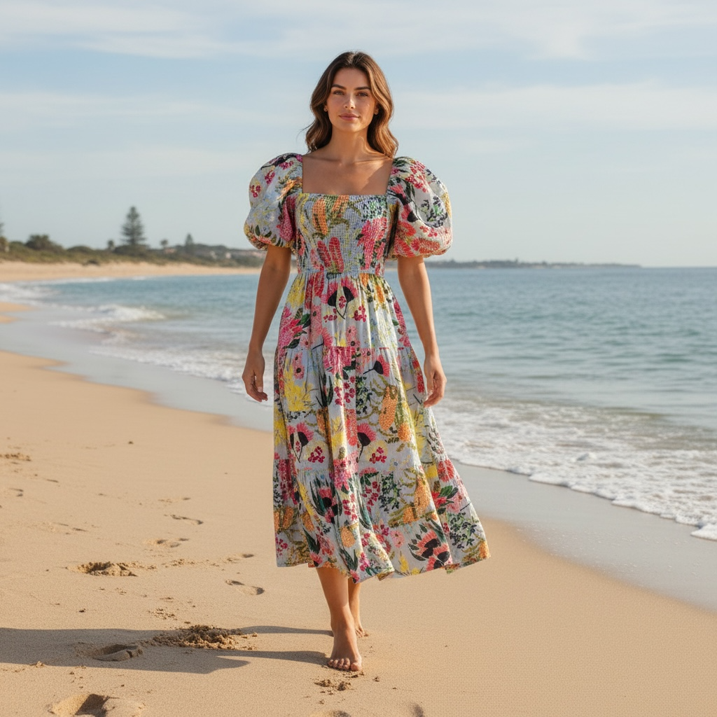Abby Dress photographed in natural light, revealing the depth of colour and artistic texture from Kerry Munns’ hand-painted artwork