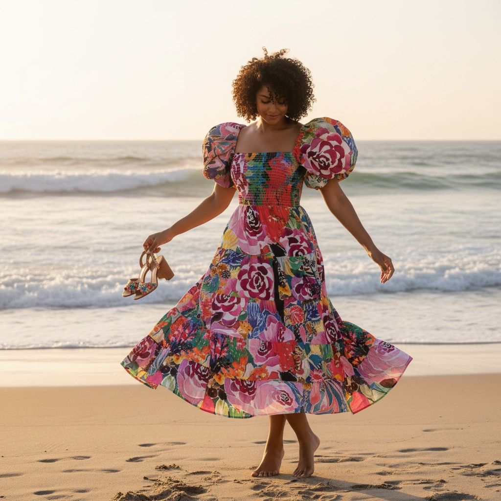 Abby Dress in Floral Coral by Kerry Munns Artlife — sustainable cotton wearable art dress featuring hand-painted coral-toned florals